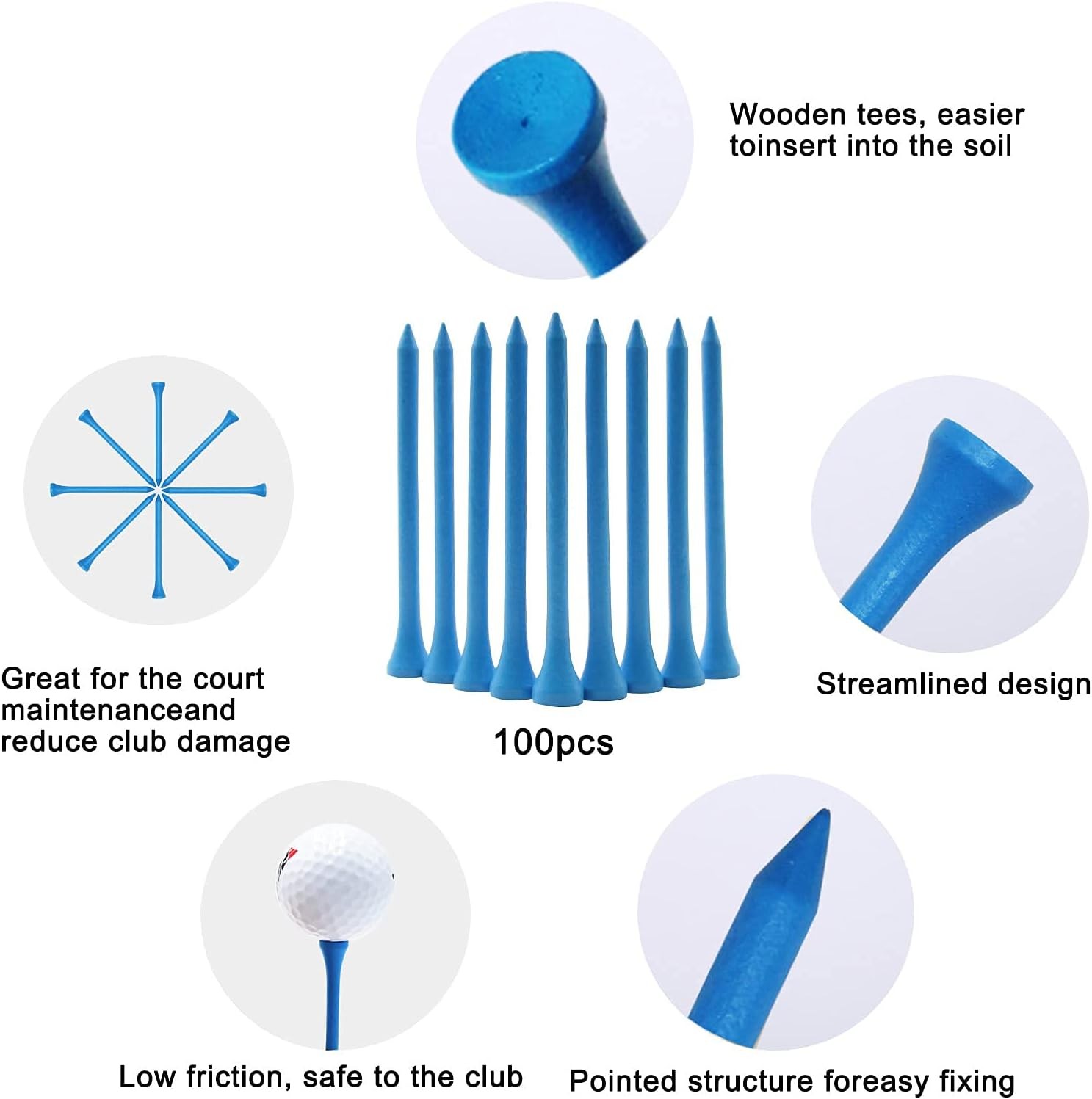 Golf Tees Durable Bamboo 100Pcs 3-1/4" Friendly Blue