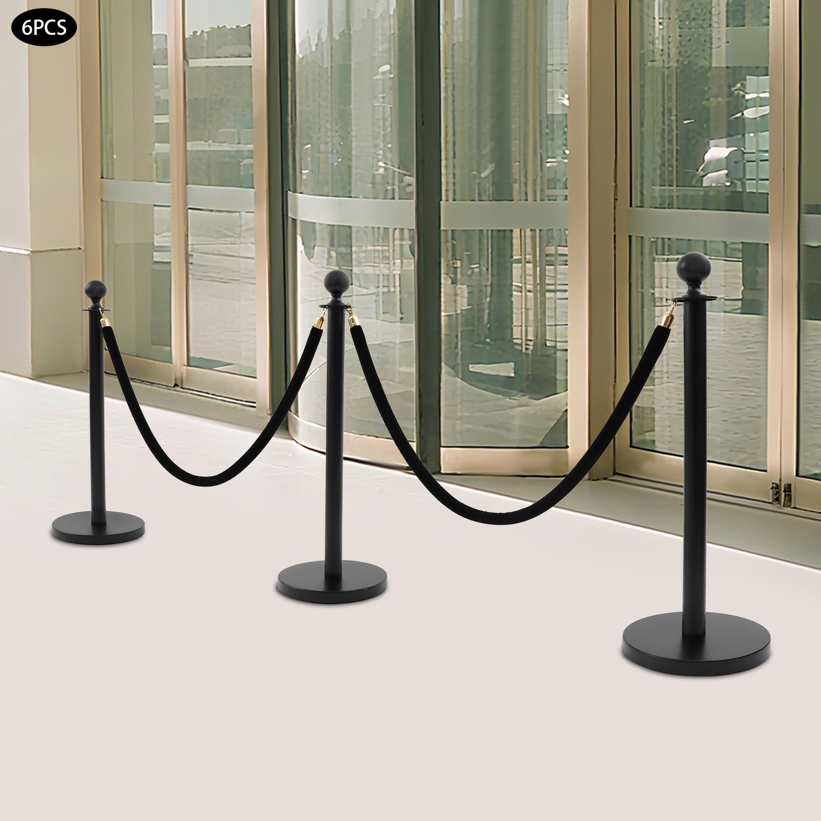 6 PCS Stanchion Posts Queue Pole Black w/ 4 1.5M Ropes Crowd Control Barrier NEW
