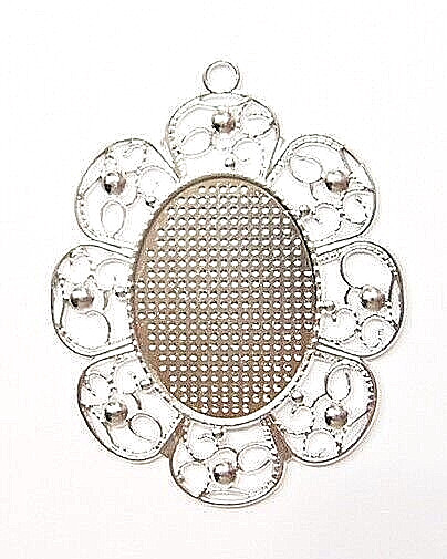 4 of 40x30mm Shiny Silver Large Flowers w/Beaded Scroll Pendant Settings