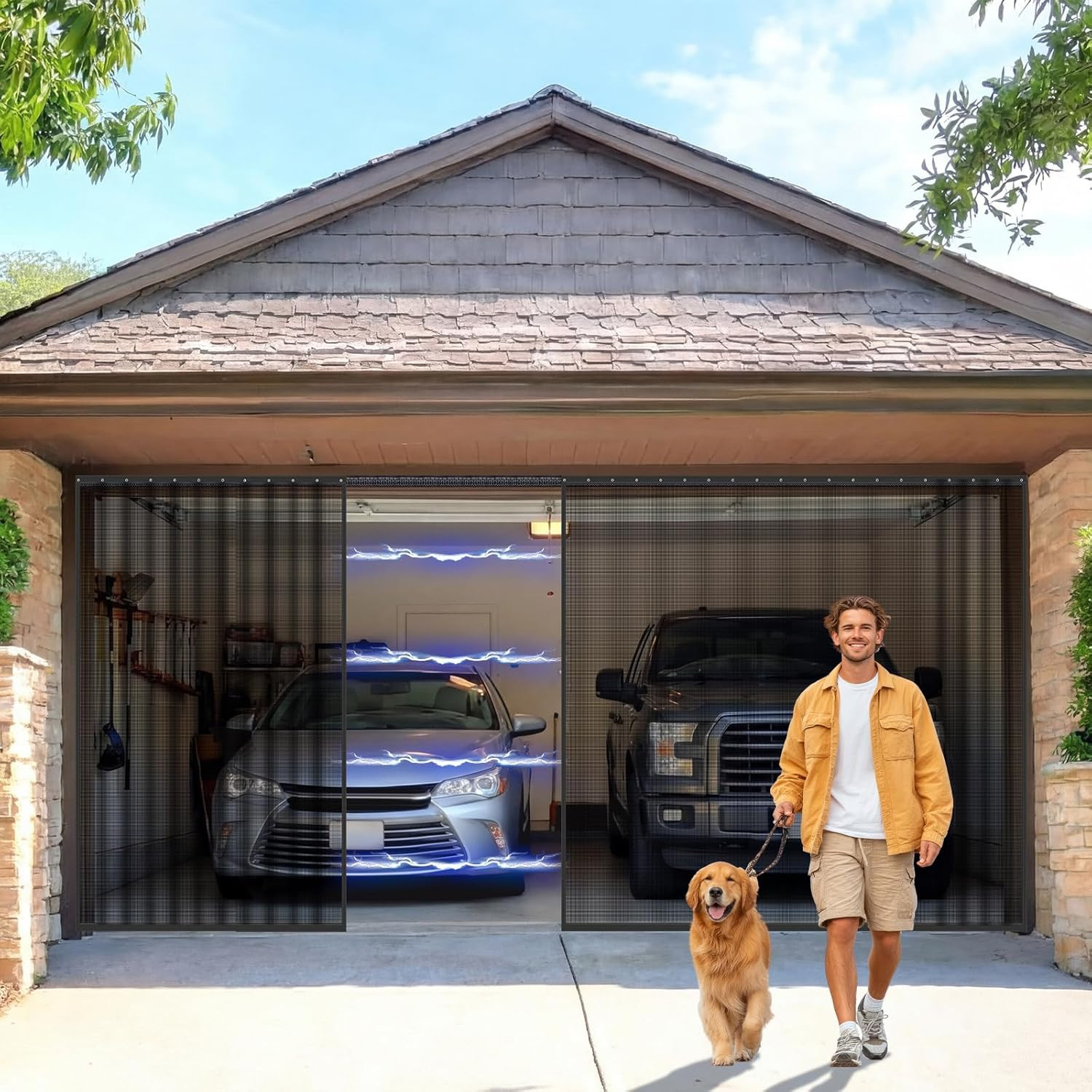Sliding Garage Door Screen 2 Car with Track Closure 16 X 7 Ft Magnetic Closure H