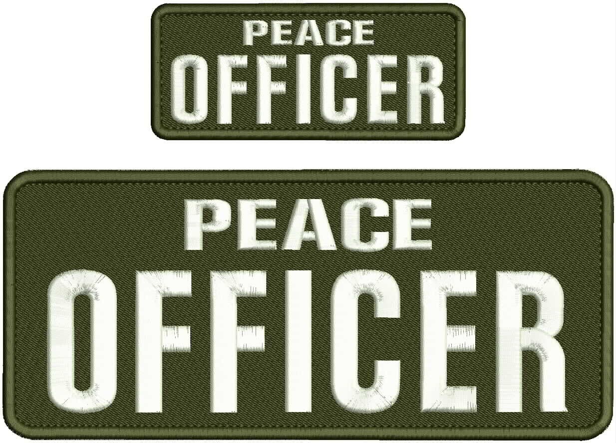PEACE OFFICER EMBROIDERY PATCHES 4X10 AND 2X5 HOOK ON BACK WHITE ON OD GREEN