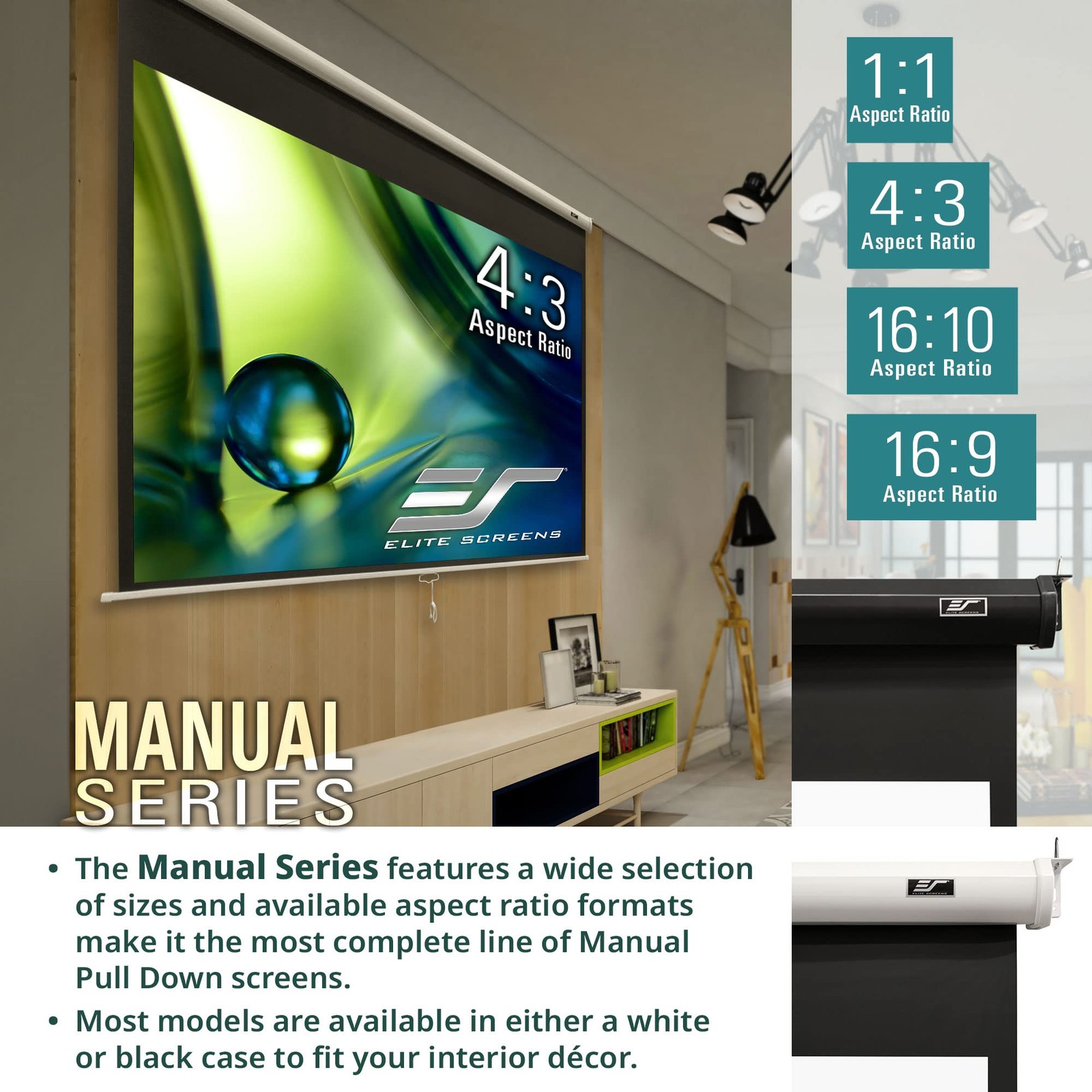 Elite Screens Manual Series, 120-INCH 16:9, Pull Down Manual Projector Screen...