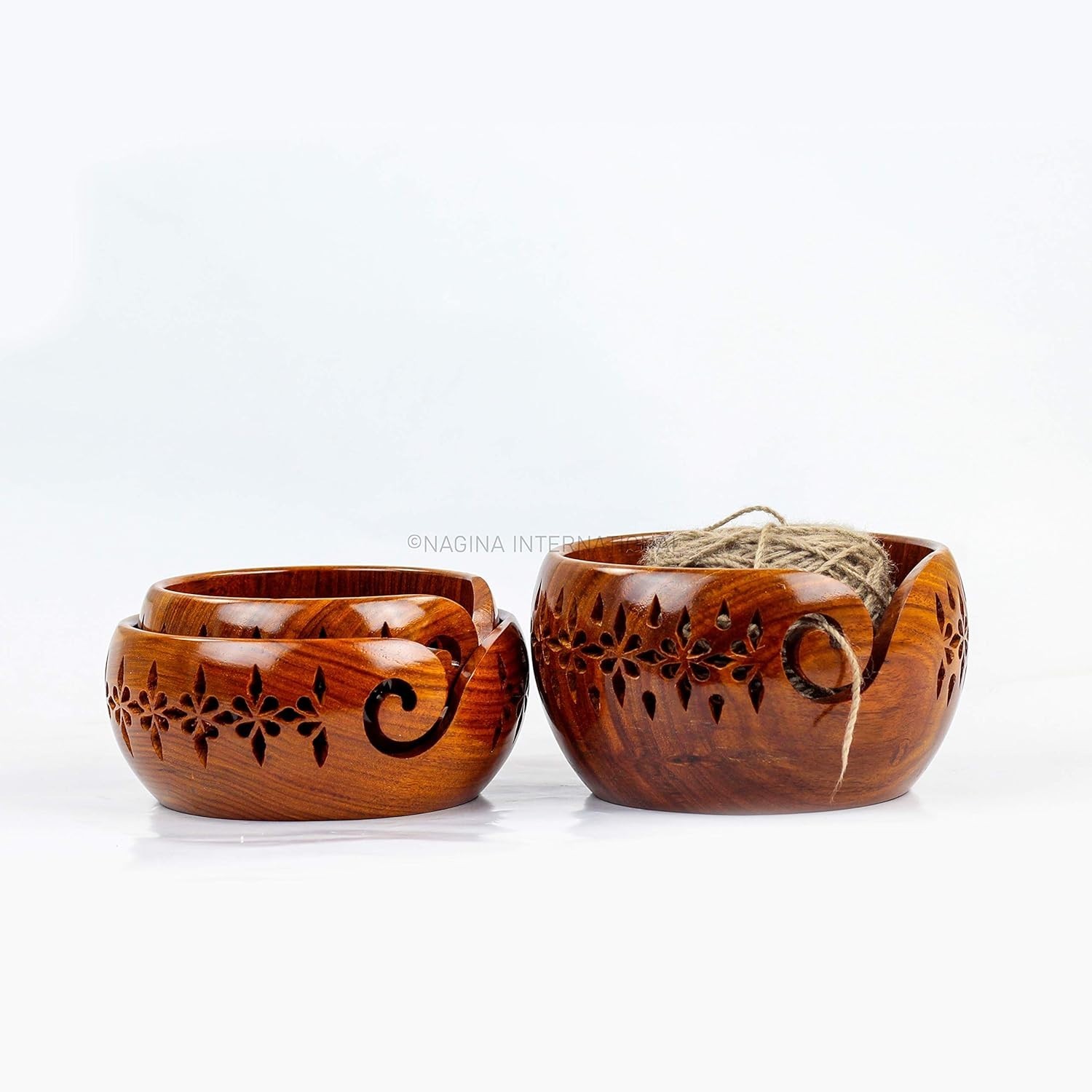 Authentic Rosewood Yarn Bowl Set with Deep Rich Finish for Knitting Accessories
