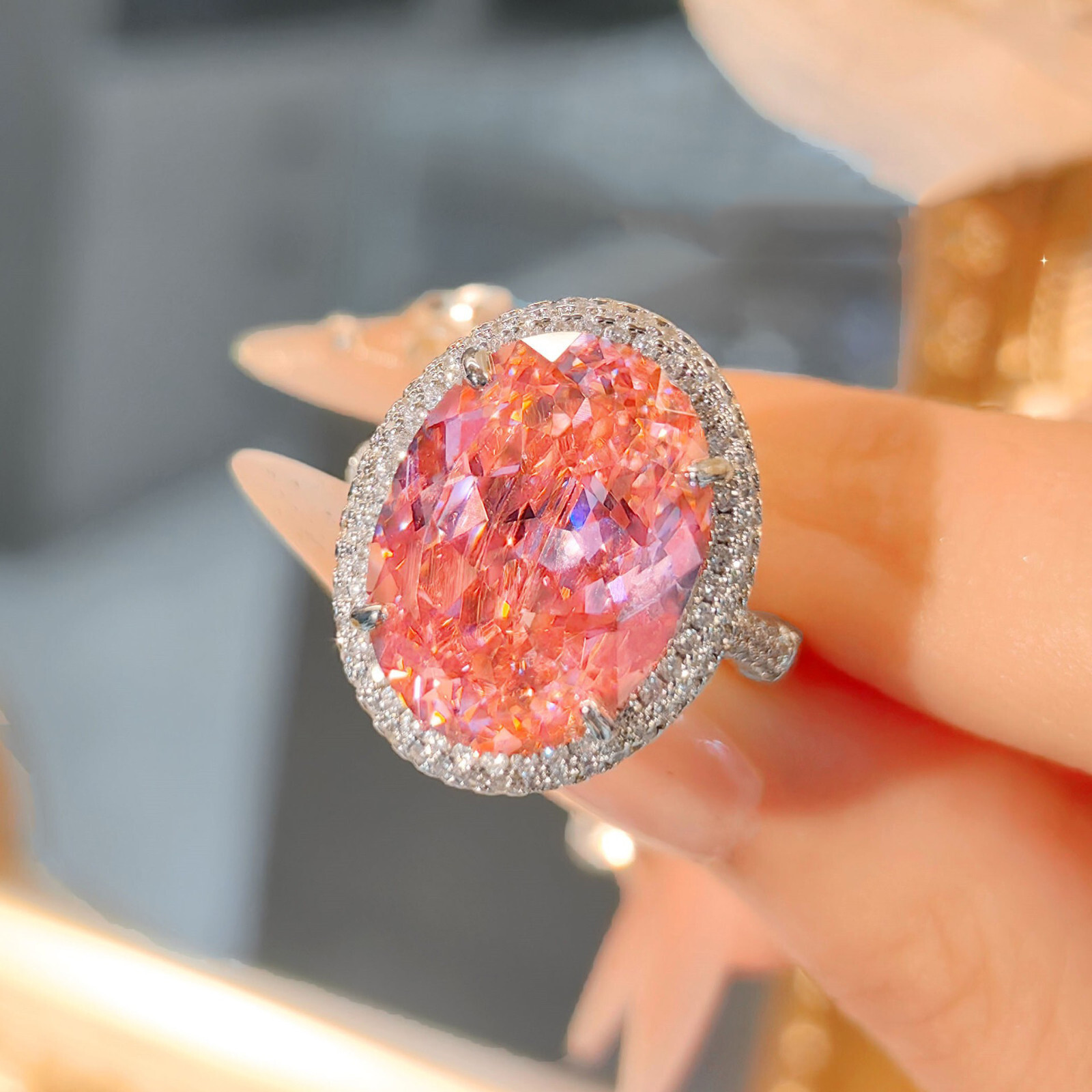 New 16mm Ice Flower Cut Pink Topaz Gems Fashion Women Girl Party Jewelry Rings