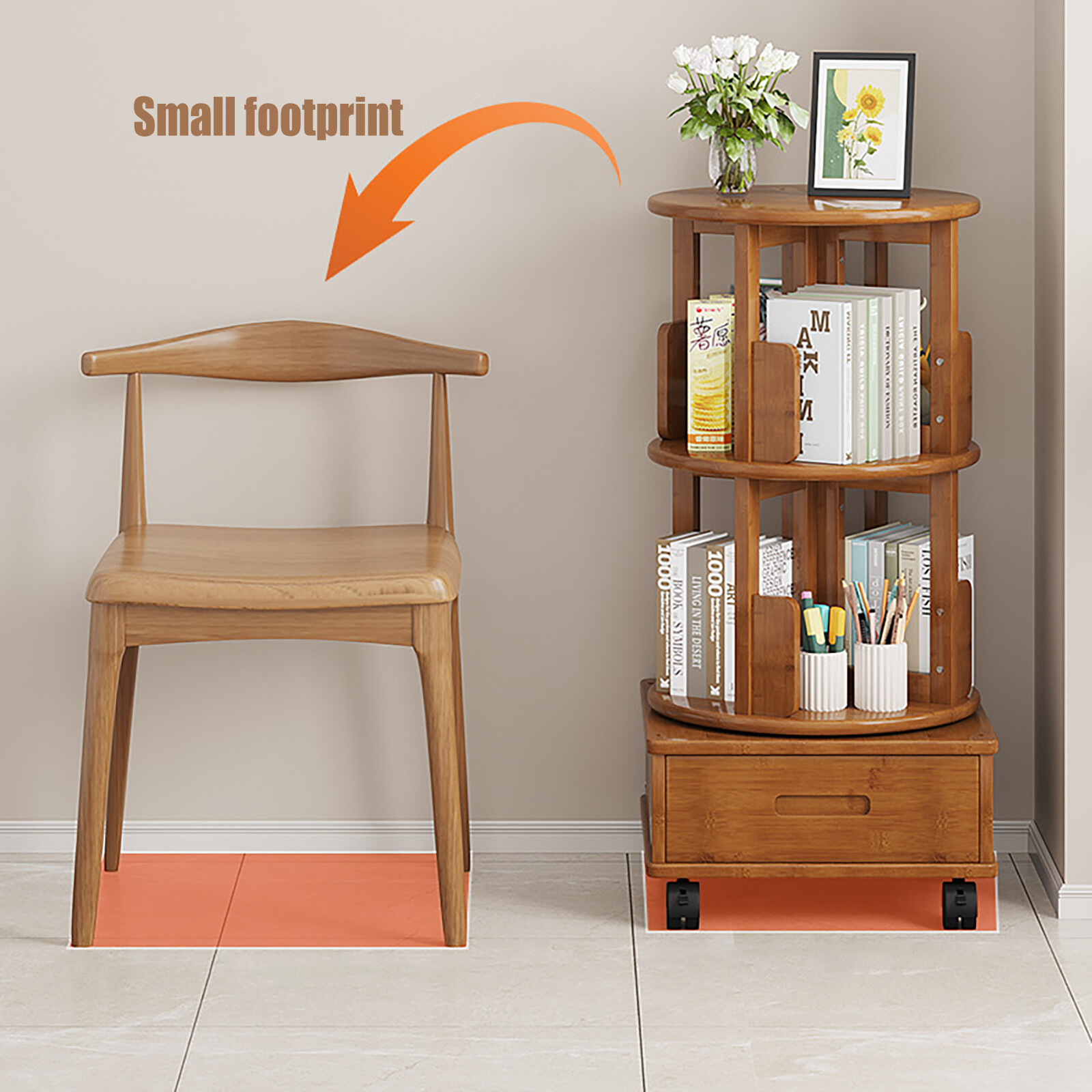 Multi Storage Table, Side Table with Rolling Wheels, Removable Swivel Bookcase