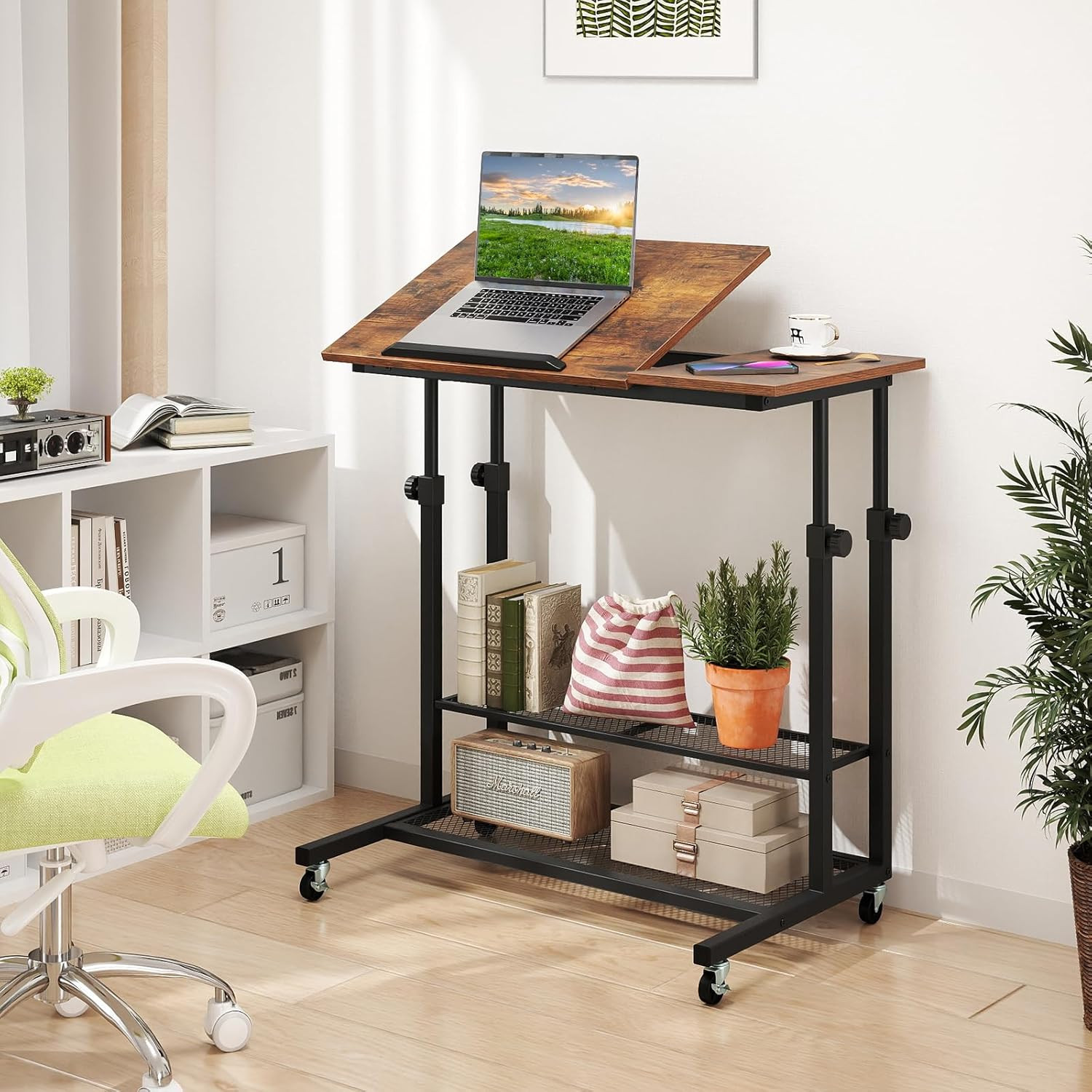 Mobile Standing Desk, Adjustable Rolling Computer Desk W/Tilting Desktop & Stora