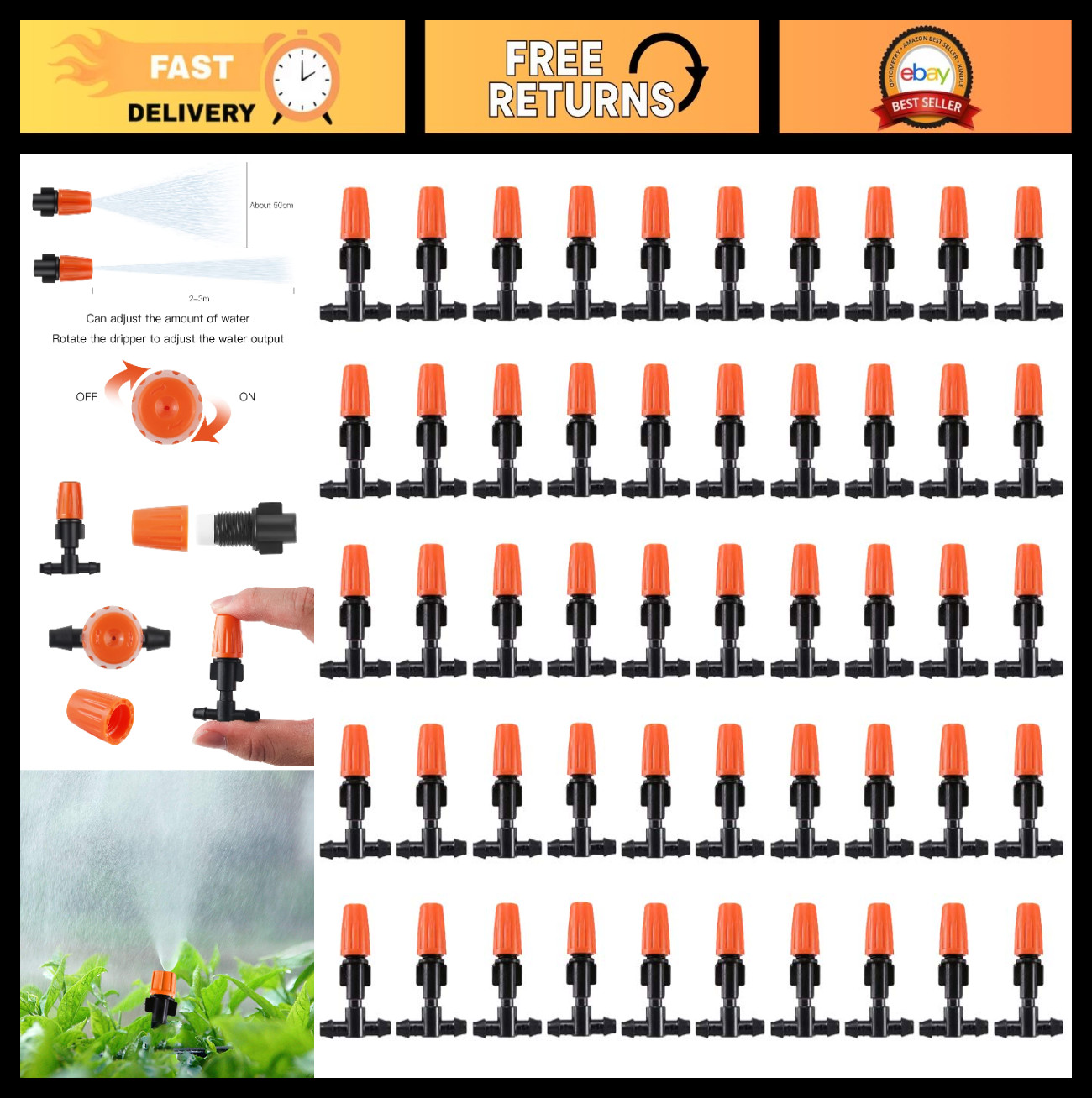 50Pcs Adjustable Drip Emitters - Flow Control Sprinkler for Garden, Patio & Lawn