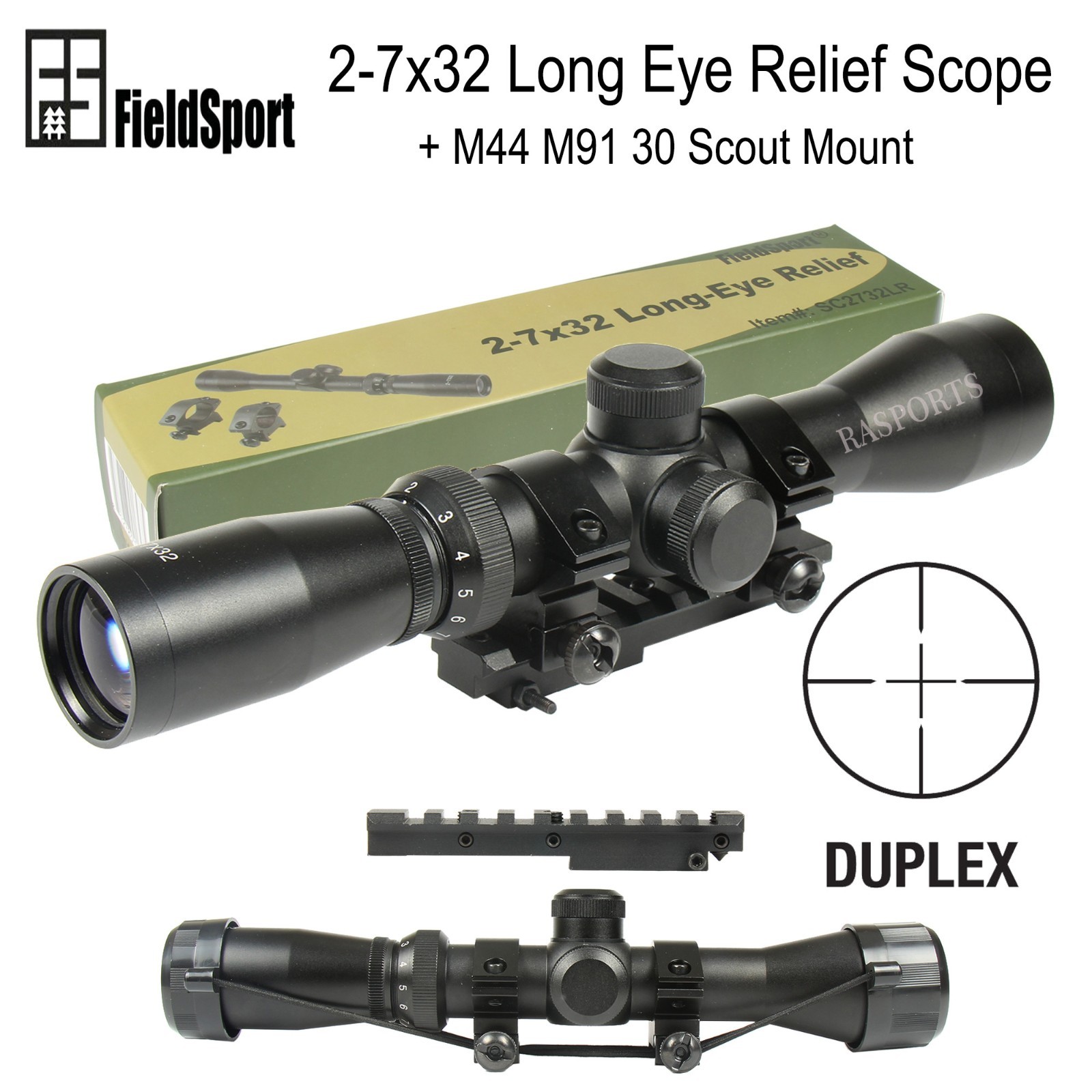 Field Sport Mosin Nagant 2-7x32 Long Eye Relief Scope + M44 M91 30 Scout Mount