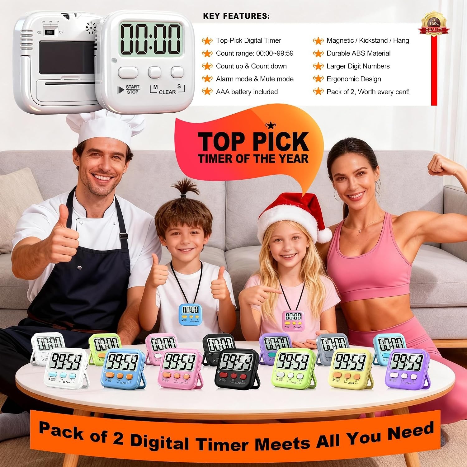 2 Pack Digital Timers for Kids - Magnetic Countdown Timer for Cooking & Study