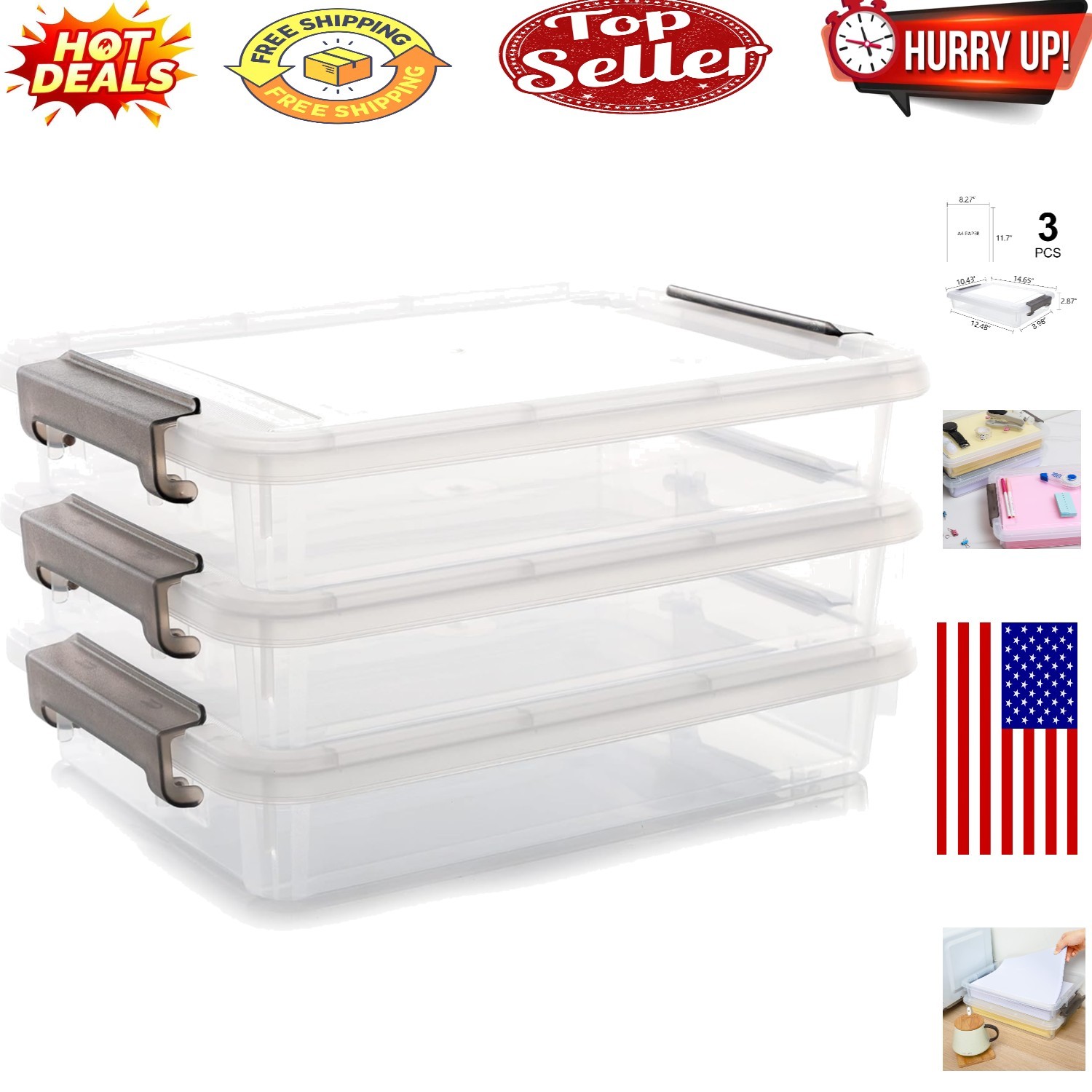 Citylife 3-Piece Stackable Clear Storage Bins for Office & Home