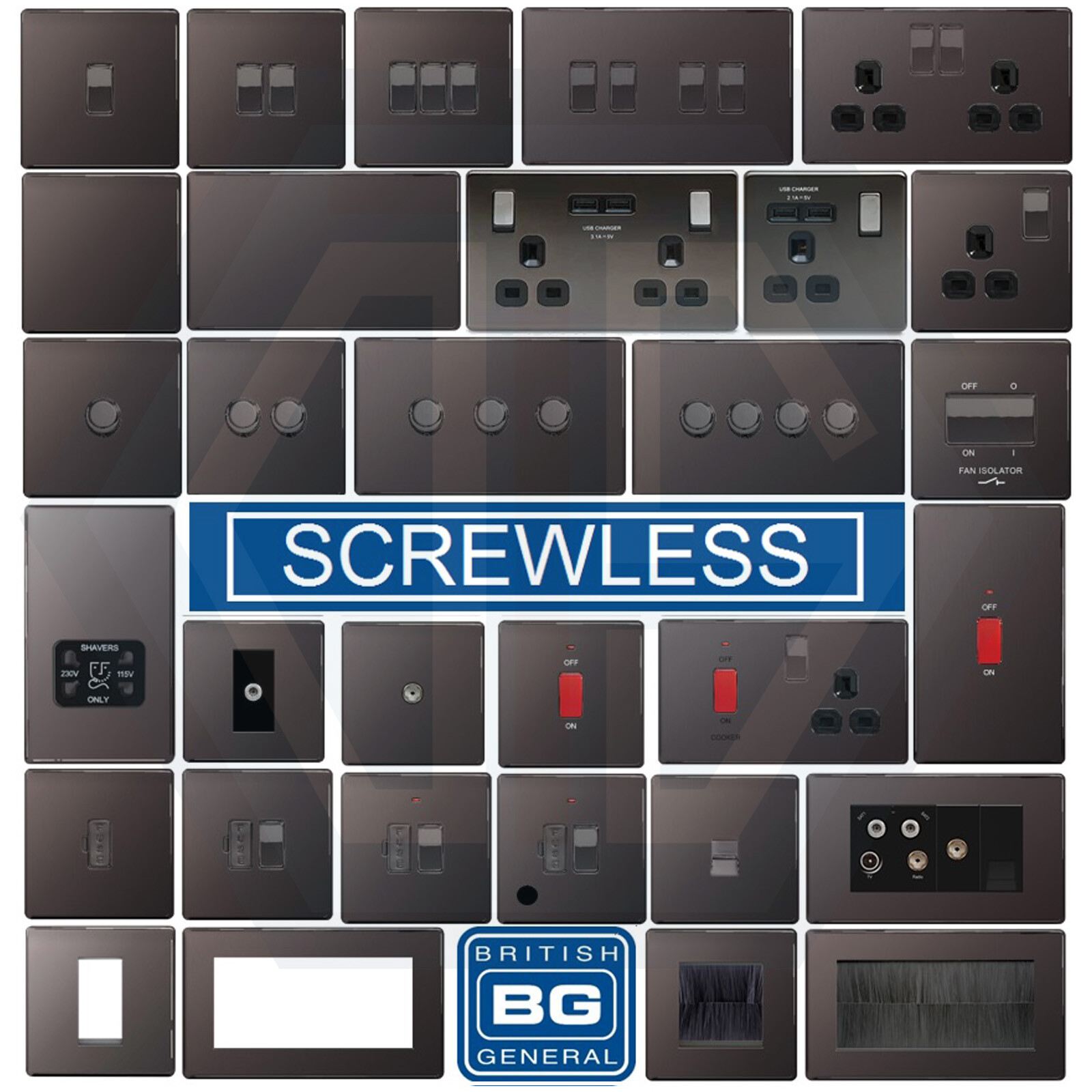 BG Nexus Black Nickel Screwless Flatplate Switches & Sockets Black Inserts