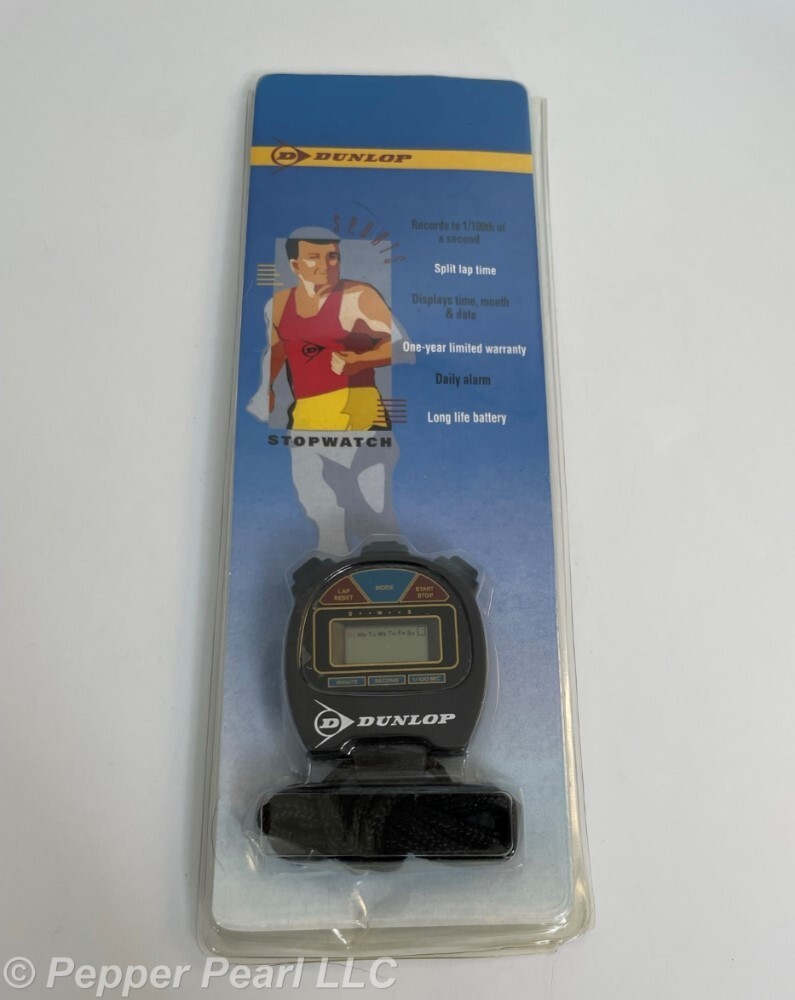 Dunlop Stopwatch Records to 1/100th Sec Time Date Alarm Black Lanyard New in Pkg