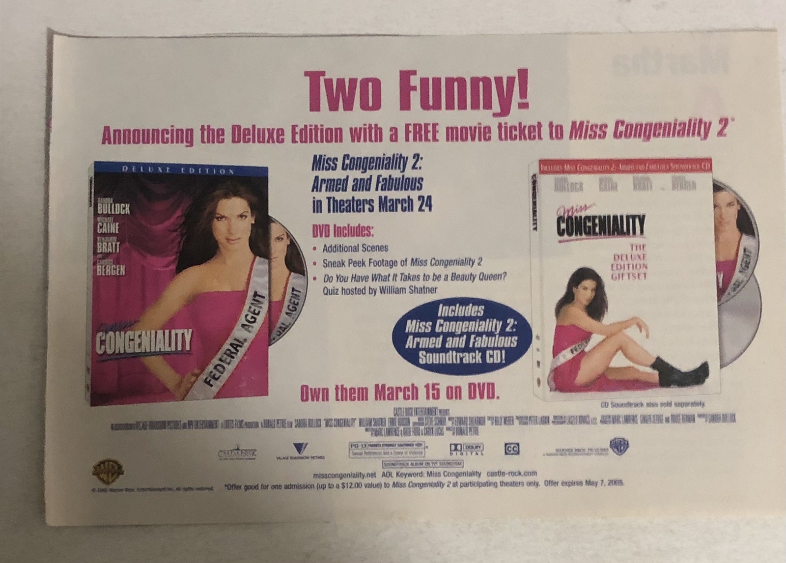 Miss Congeniality Movie Vtg Print Ad Sandra Bullock William Shatner TPA19