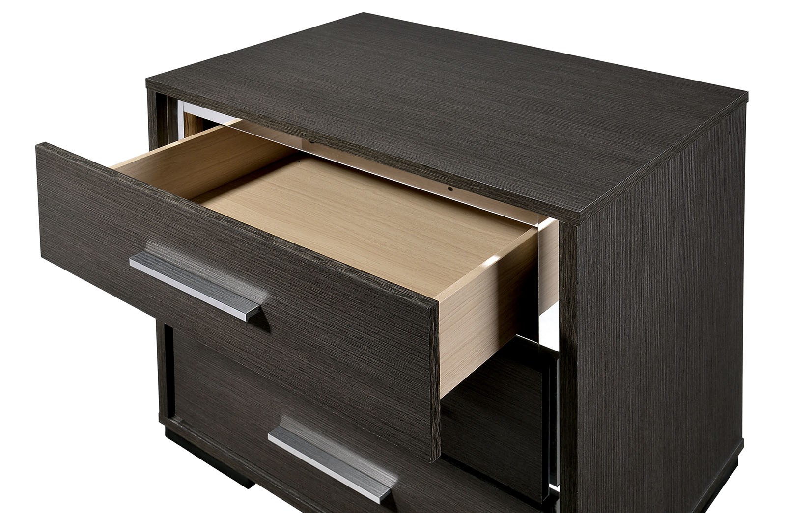 1x Nightstand Solid wood Warm Gray Sleek Modern Lines Chrome Trim Insert