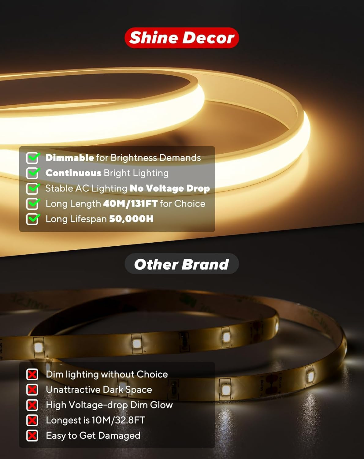 65.6Ft COB LED Neon Rope Lights with Connection Wire Pack Bundle