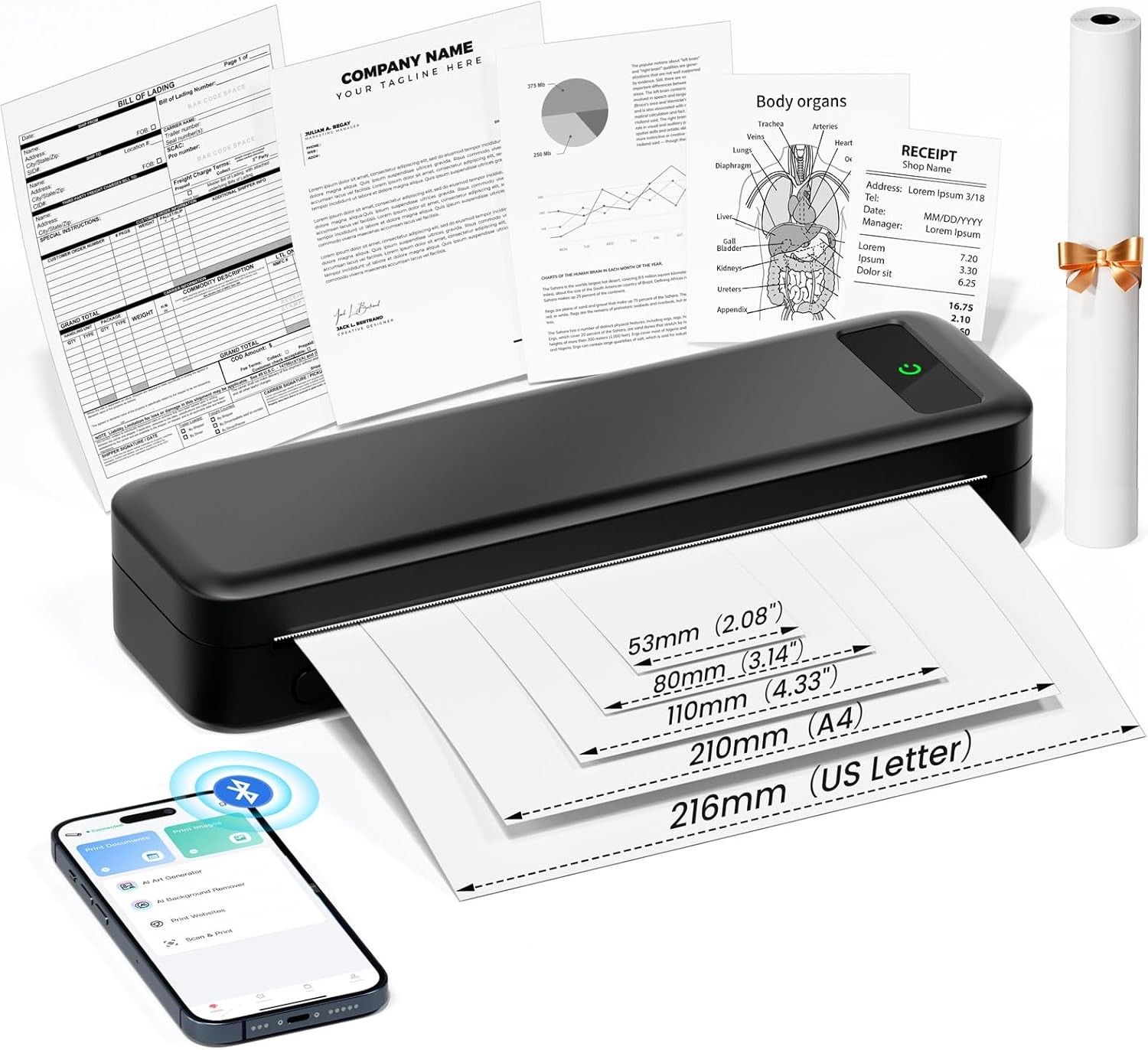 A4 Portable Wireless Bluetooth Thermal Printer A4 for Travel 8.5"x11" US Letter