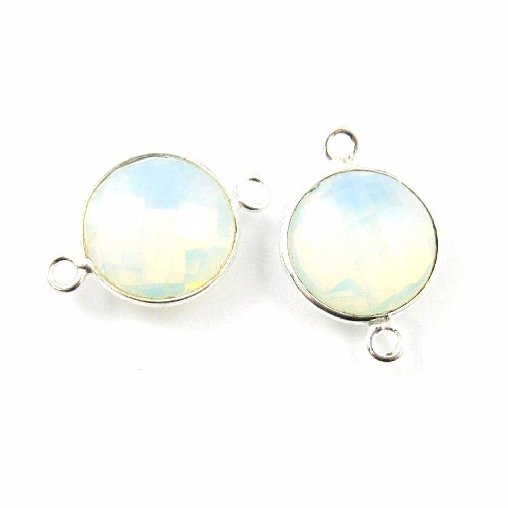 Bezel Gem Links - Sterling Silver -Faceted Coin Shape - Opalite Quartz (2 Pcs)