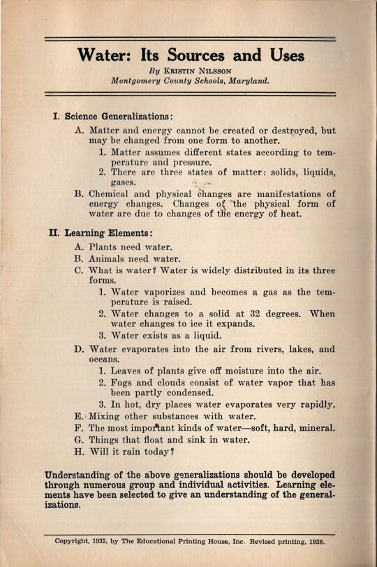 1938 "Water: Its Sources and Uses" Kristin Nilsson Study Book #455