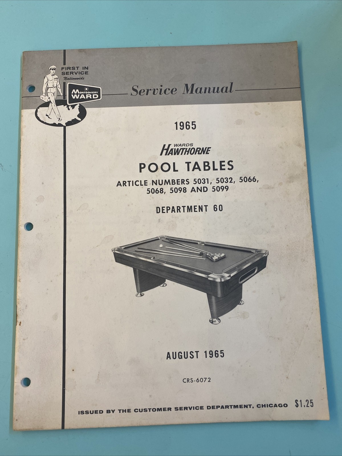 1965 August Montgomery Ward Hawthorne Pool Table Manual CRS-6072