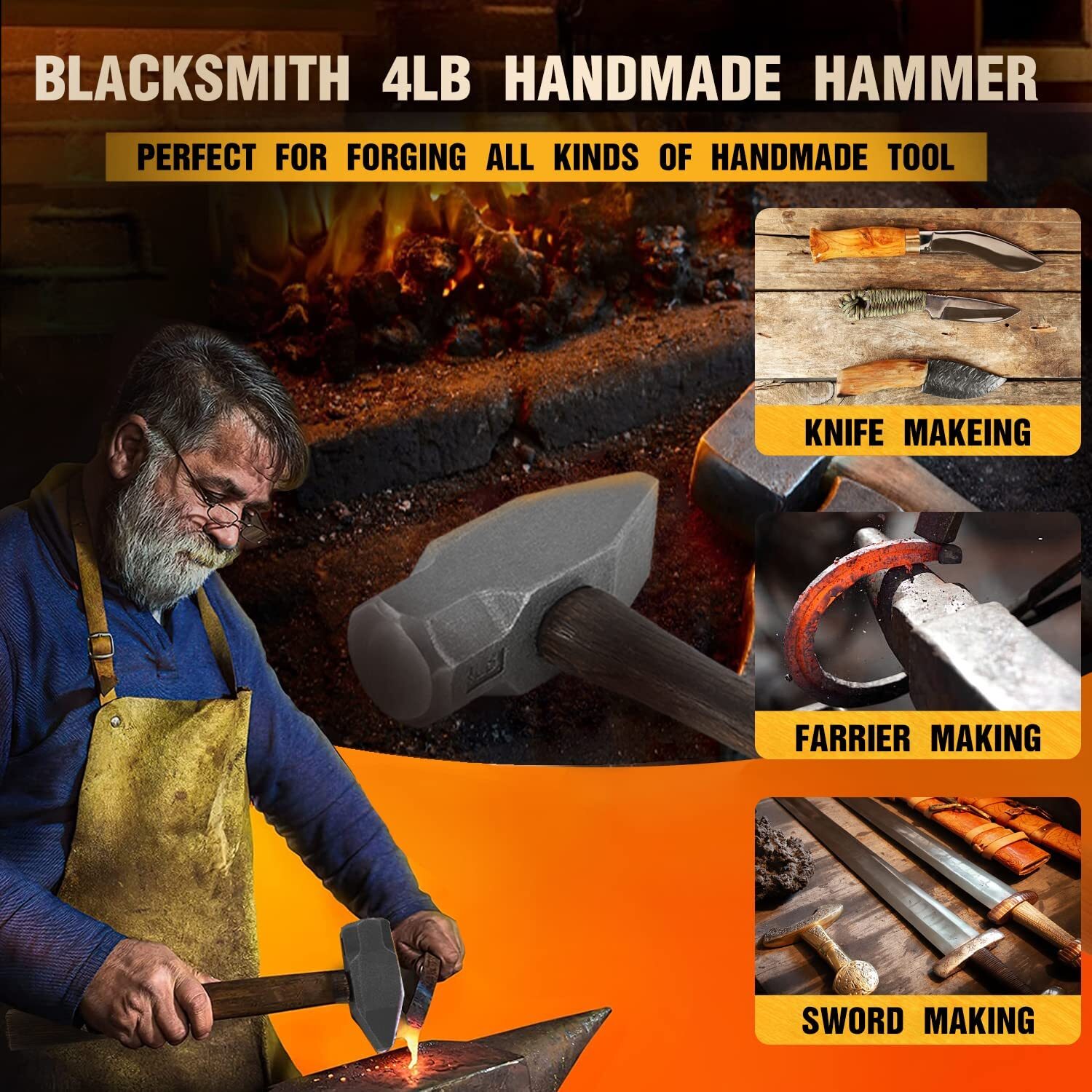 Blacksmith 4LB Forge Hammer for Farrier Knife Making Handmade Forging Tool USA