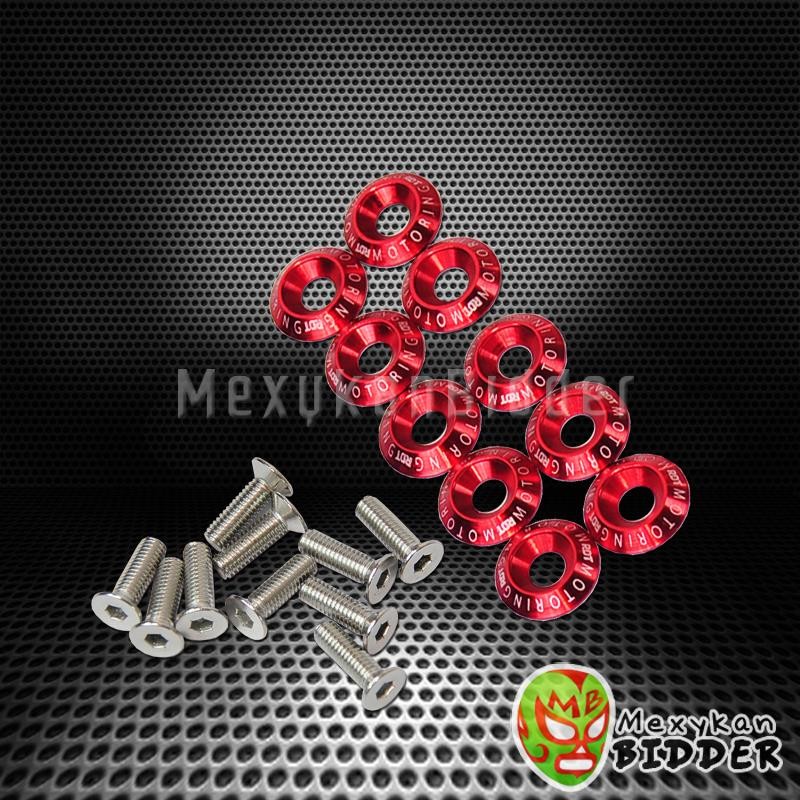 10 pcs Red Billet Aluminum Fender/Bumper Washer M6 Bolt Engine Bay Dress Up Kit