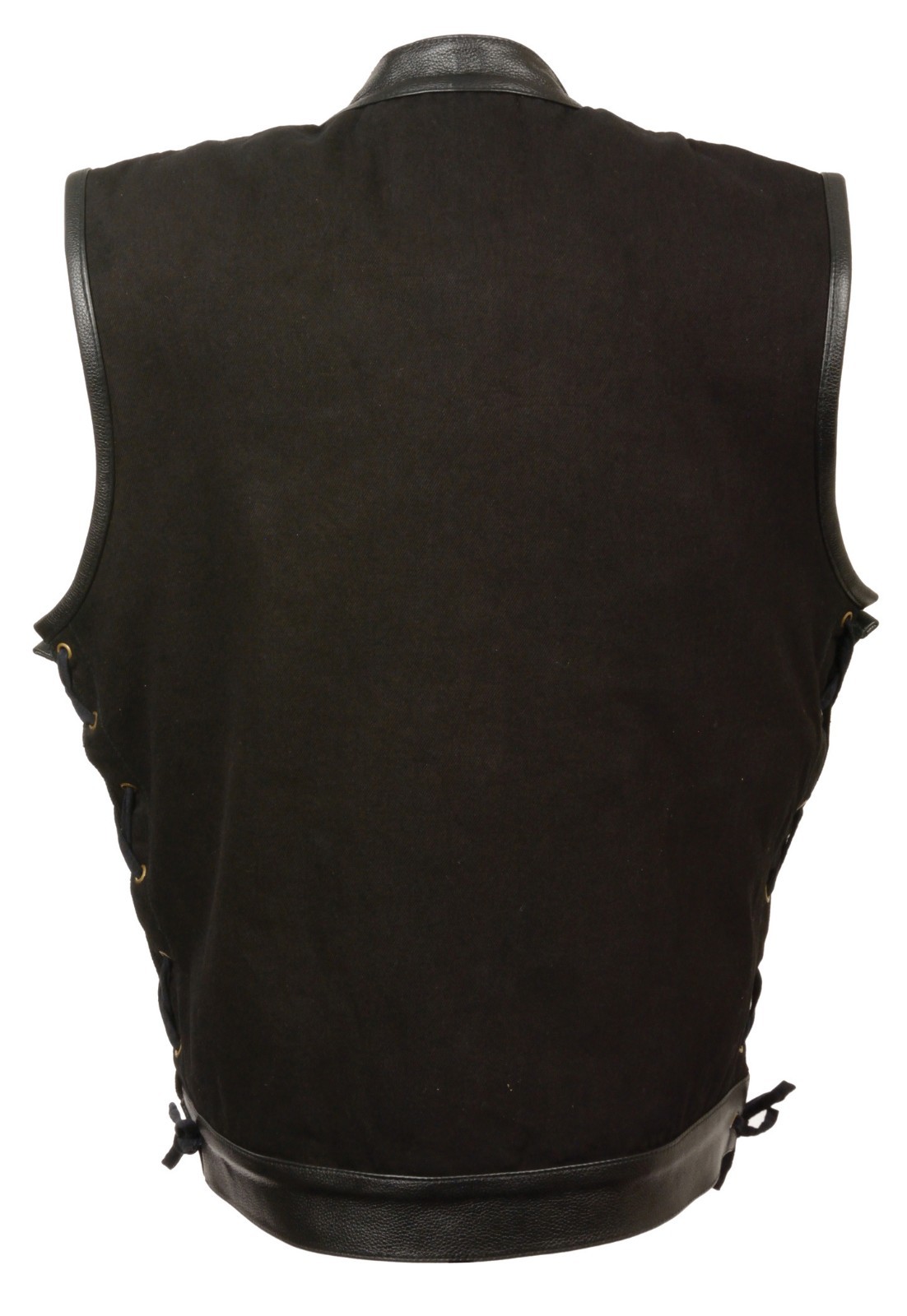 Men's SOA Side Lace Black Denim Vest w/ Leather Trim Zipper/Snap Closure MDM3011