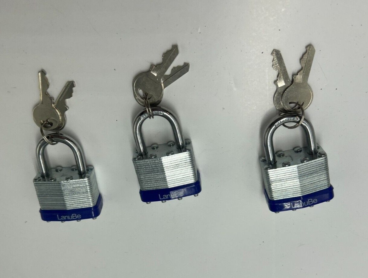 QTY 3 LanuBe Laminated Keyed Padlock 40mm Normal Shackle Blue Plastic Hoop