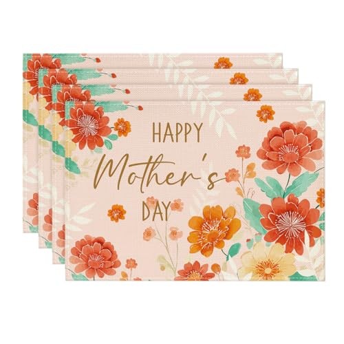 Flowers Leaves Happy Mother's Day Placemats Set of 4, 12x18 Inch Seasonal