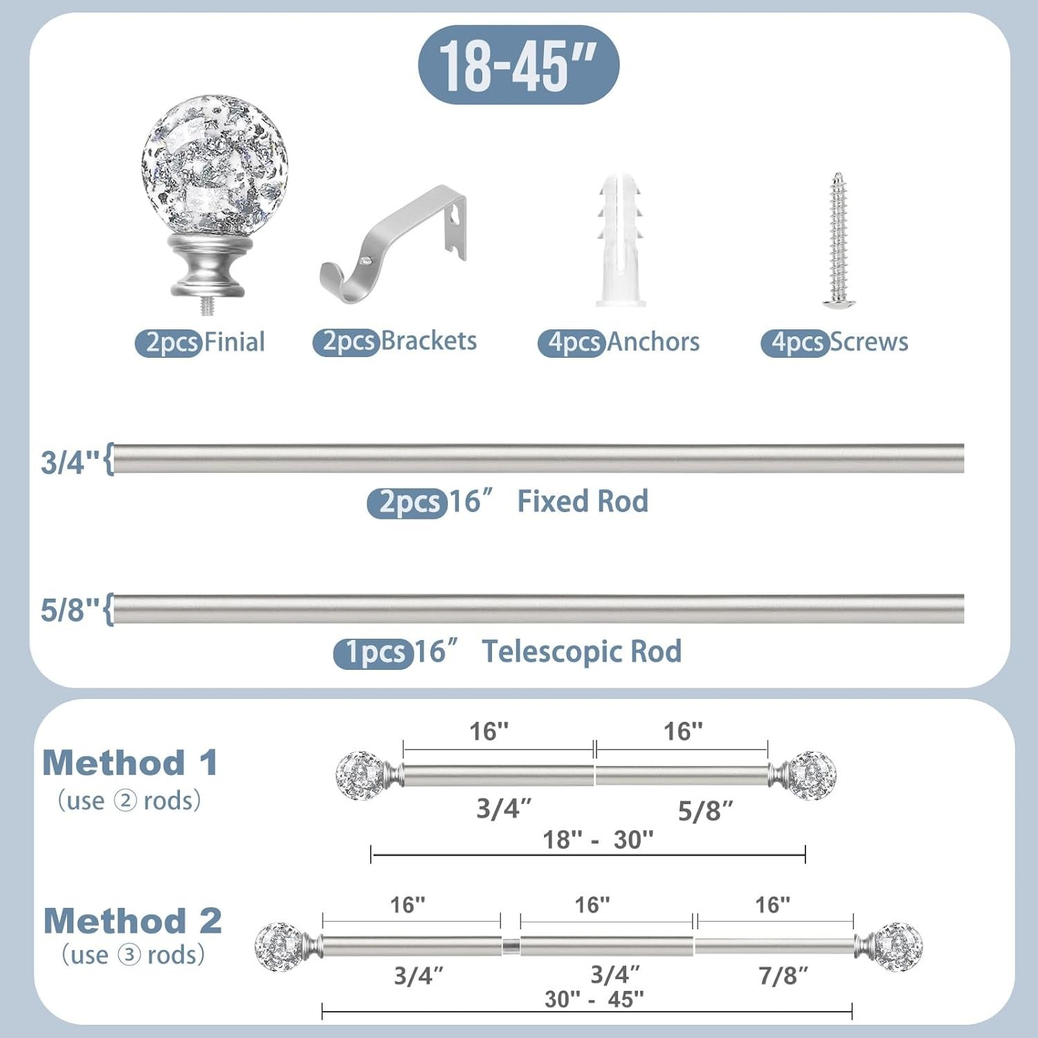 Decorative Curtain Rod with Crystal Finials Adjustable 18-45" Telescoping Silver