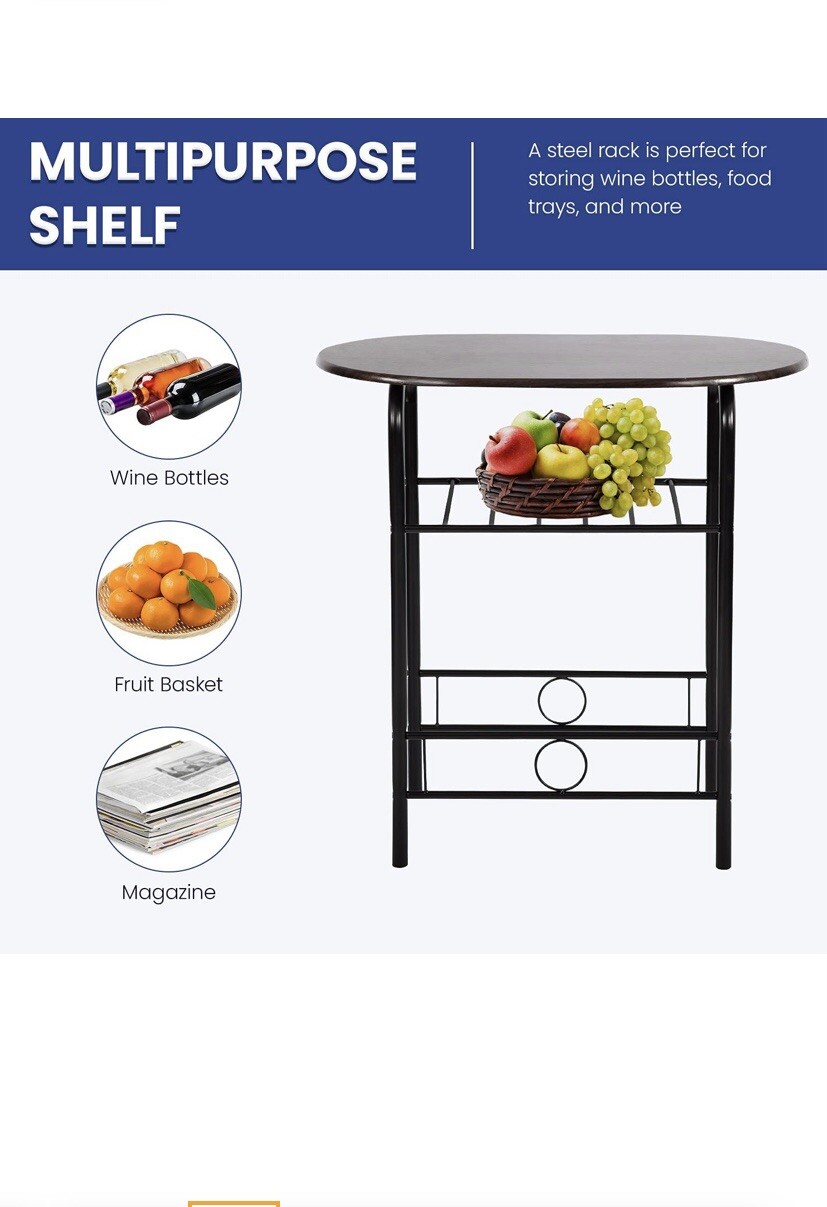 3-piece Round Table And Chair Set For Kitchen Compact Space Metal Frame