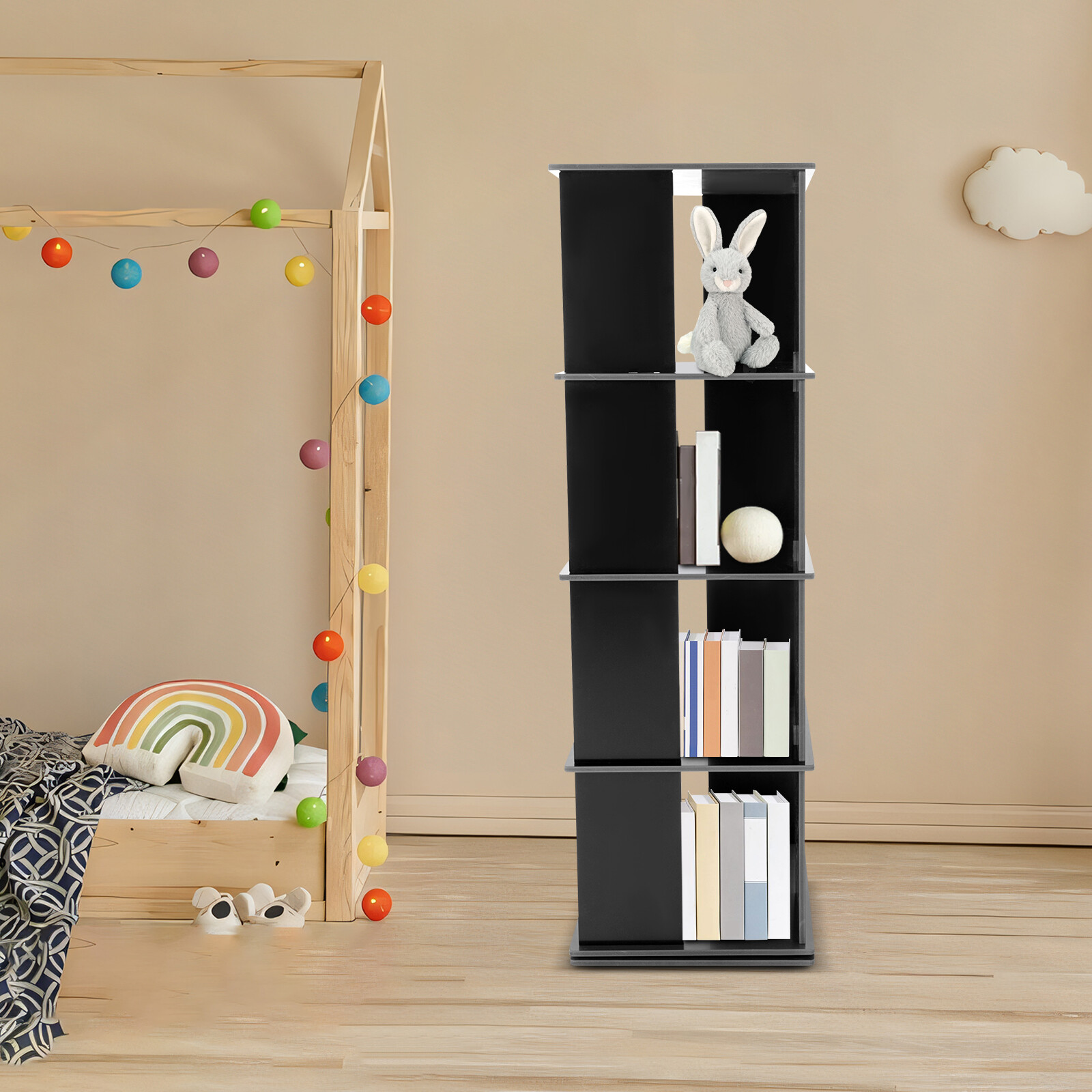 Black Bookcase Storage Shelf 360° Rotating Bookshelf Freestanding Display Rack