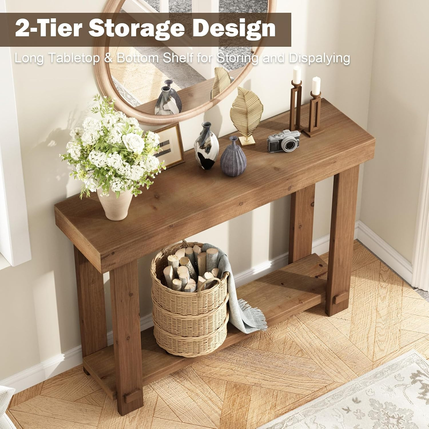 42.5" Solid Wood Console Table, Small Farmhouse Entryway Table | with Storage Sh