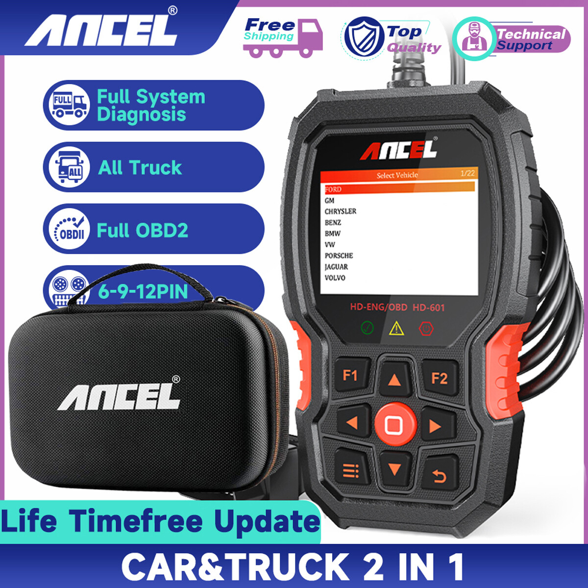ANCEL HD601 HD HEAVY DUTY DIESEL TRUCK DIAGNOSTIC OBD SCANNER TOOL CODE READER