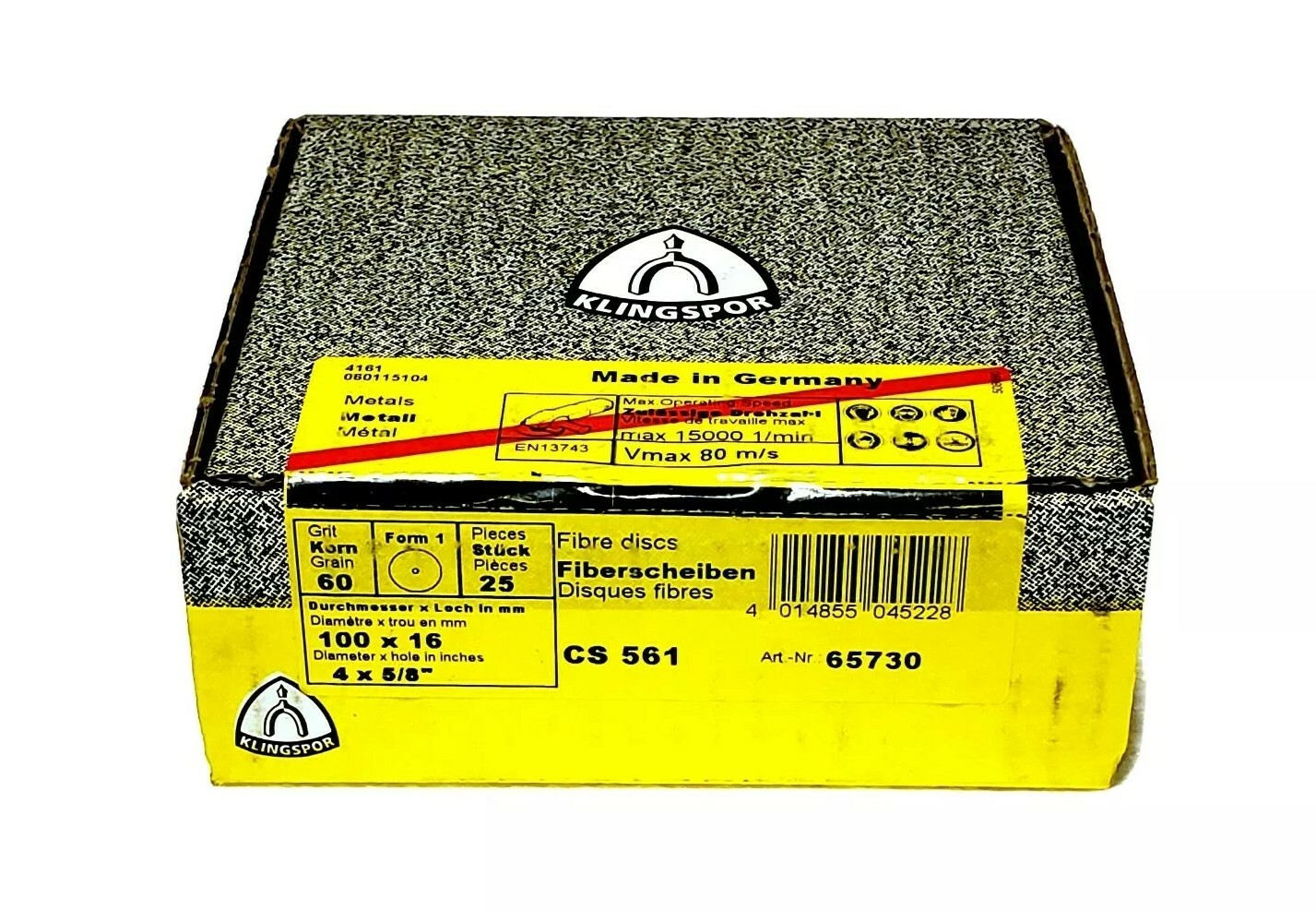 KLINGSPOR CS-561, FIBER DISC, 4 X 5/8", 60 Grit, Qty 25