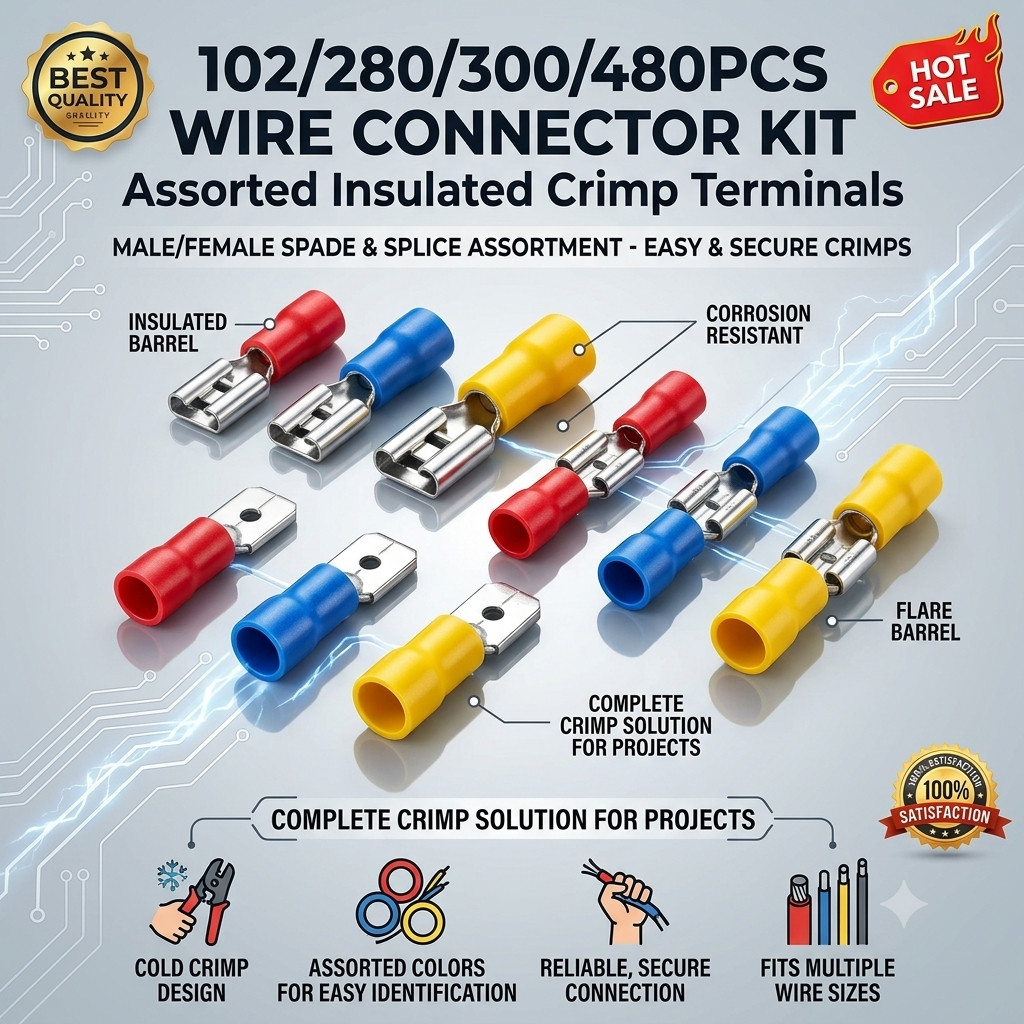 102/280/300/480PCS Wire Connector Kit Male Female Insulated Crimp Terminals Spad