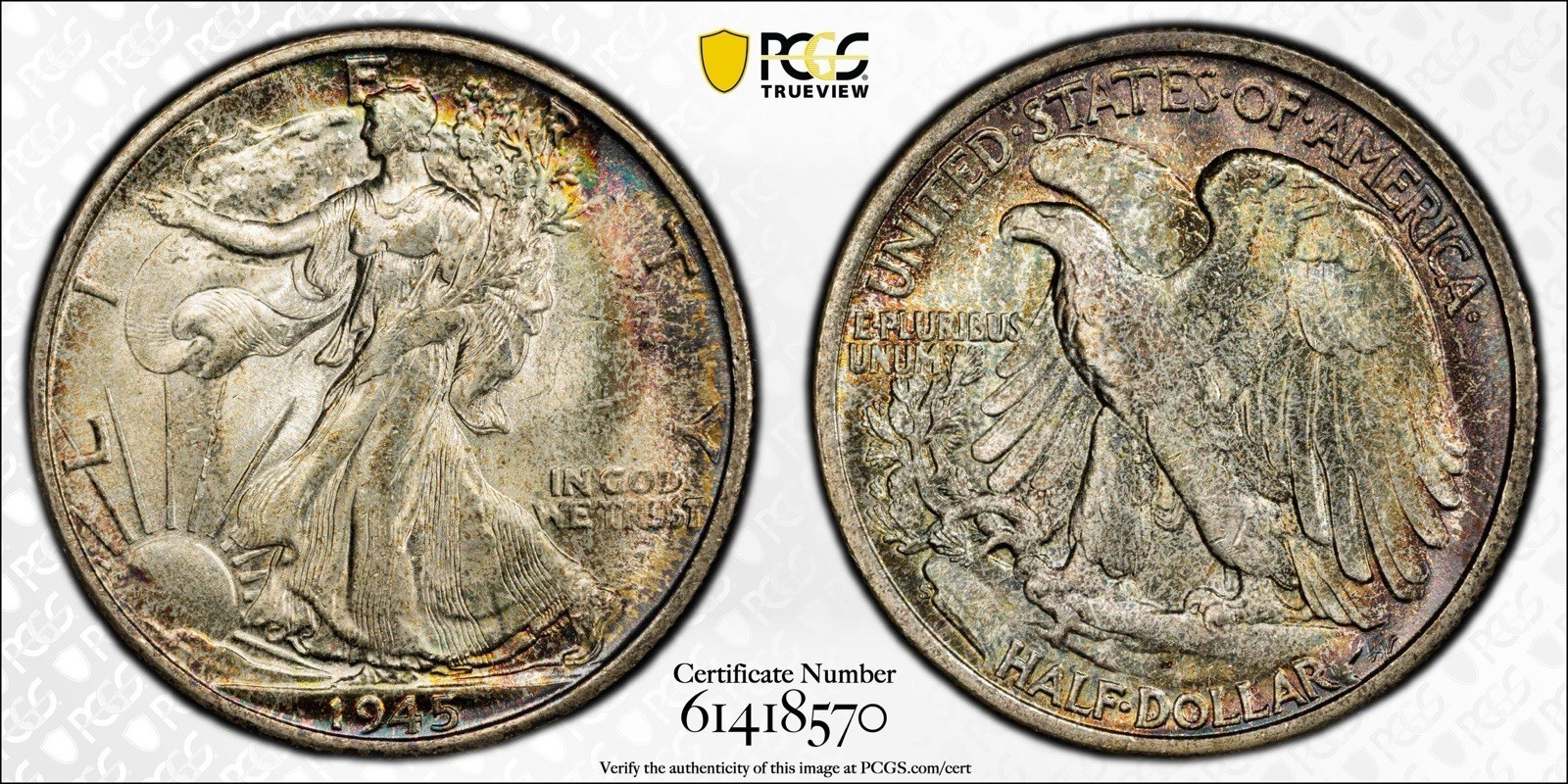 1945 S Walking Liberty Silver Half Dollar PCGS MS65+ Gem BU Rainbow Toned