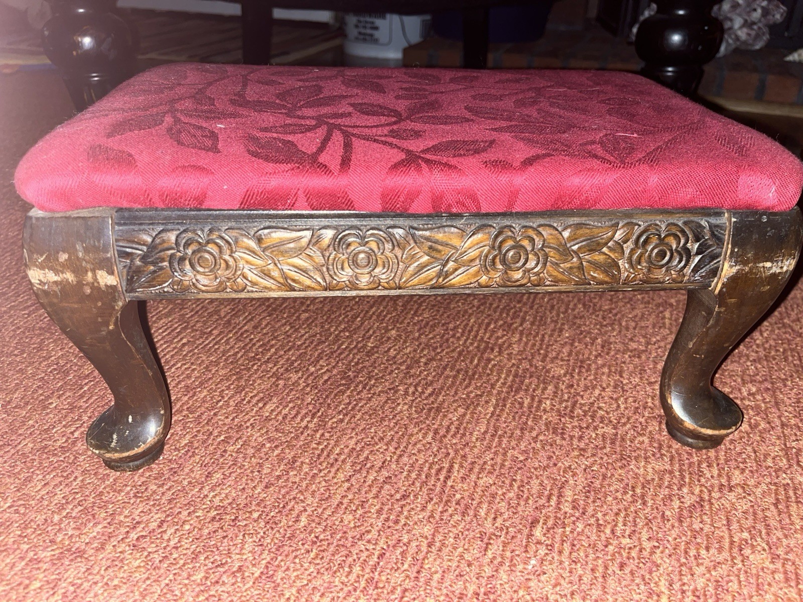 Vintage Red Queen Anne Style Footstool Antique Fabric Covered Handsome!