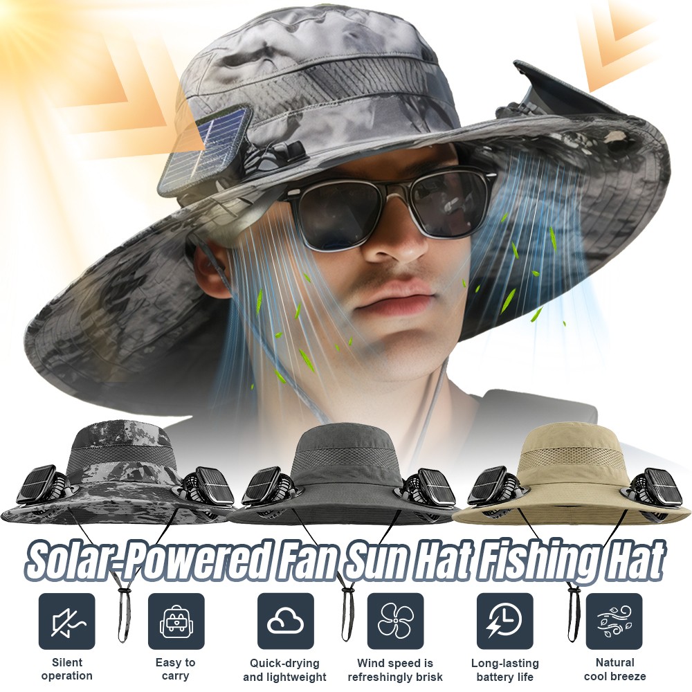 Solar Fan Hat Men Wide Brim Sun Fishing Outdoor Bucket Rechargeable With 2 Fan