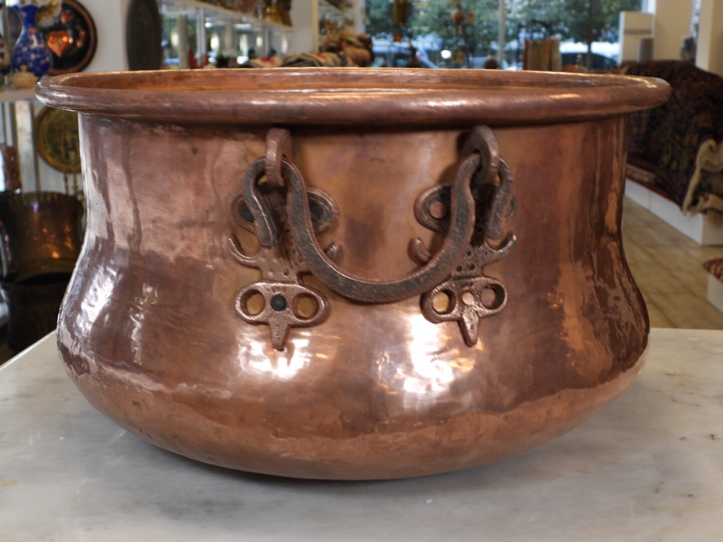 Hand Hammered Round Copper Cauldron Pot Planter with Copper Handles