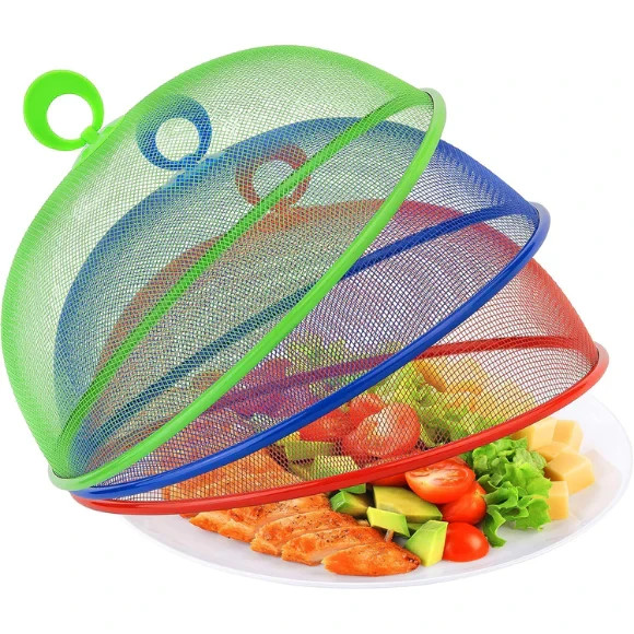 Metal Mesh Screen Food Cover Tent Umbrella, 10.75 inch (3 Pack, Green Blue Red)