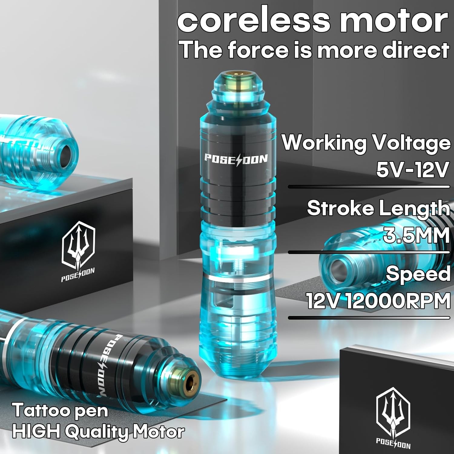 Tattoo Gun Kit POSEIDON Pen with 2pcs 1500mAh Batteries Blue
