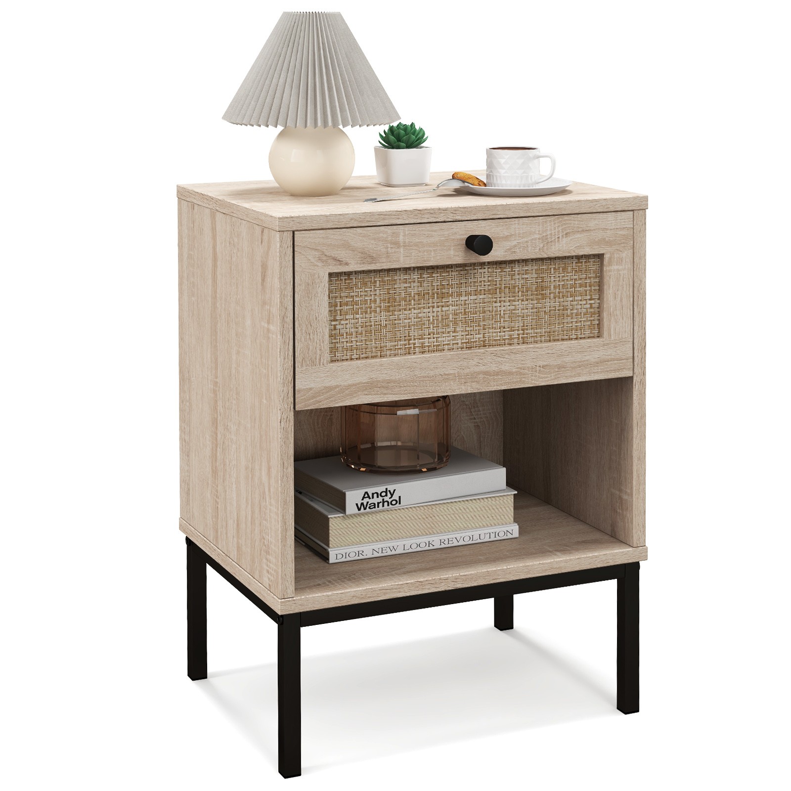 Boho Style Nightstand Compact End Table w/Rattan Drawer & Open Shelf for Bedroom