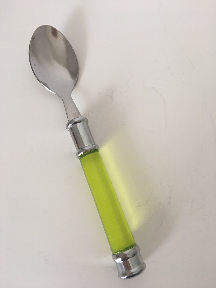 Stainless YELLOW GREEN Cylinder Plastic Handle Silver Tip TEASPOON 6.75”
