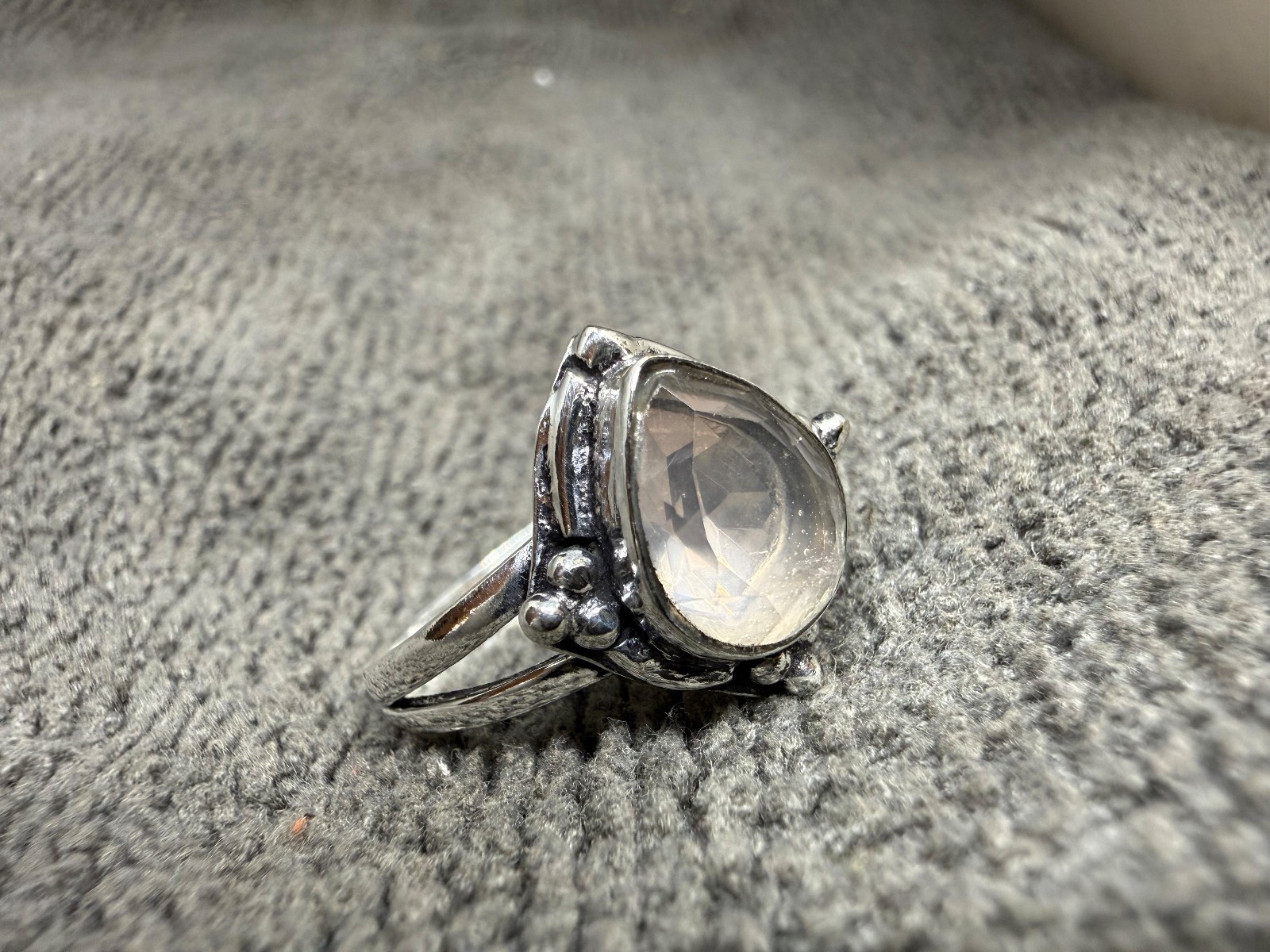 Solid 925 Sterling Silver Large Rose Quartz Teardrop Cabochon Boho Handmade Ring