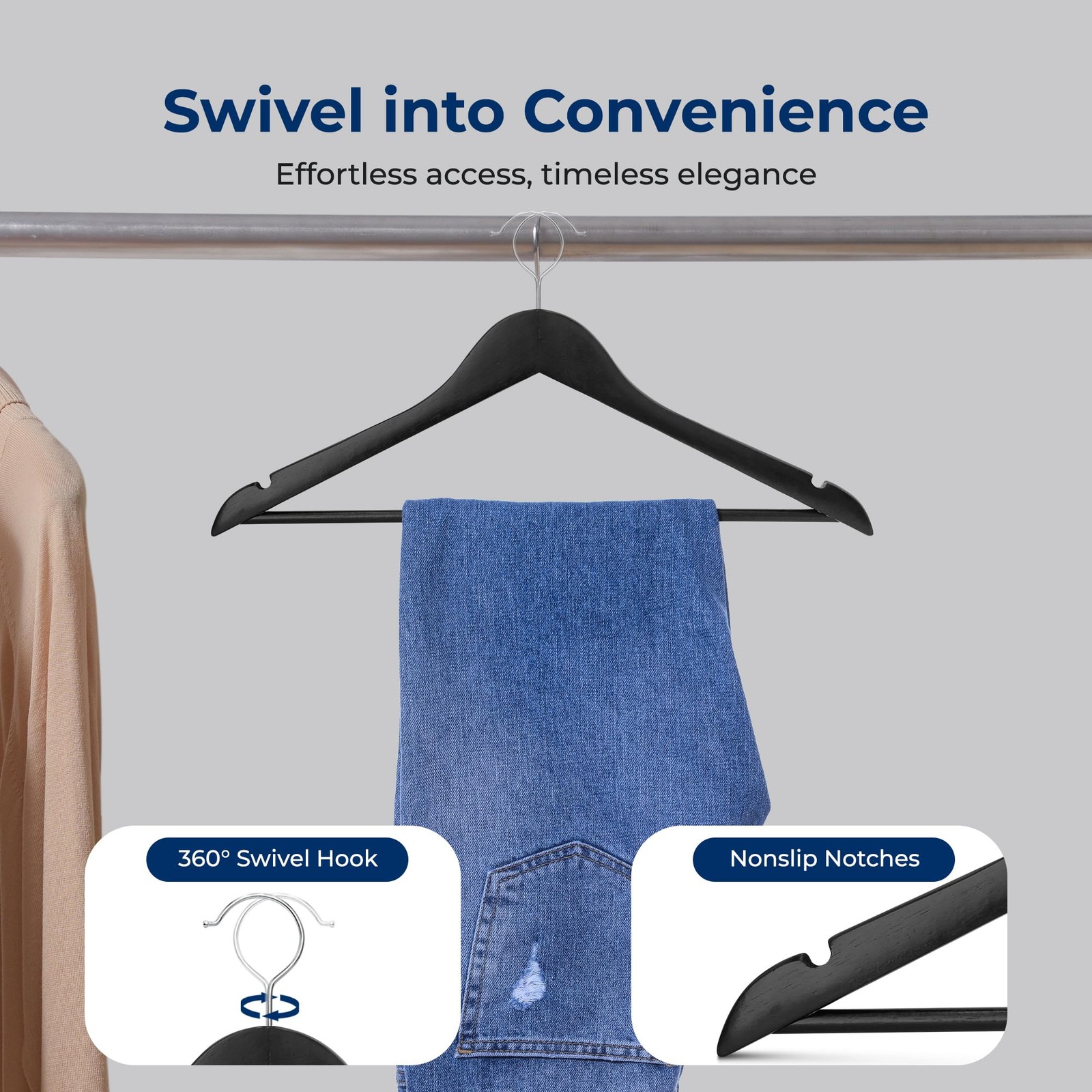 SereneLife 50-Pack Wooden Coat Hangers (Black)
