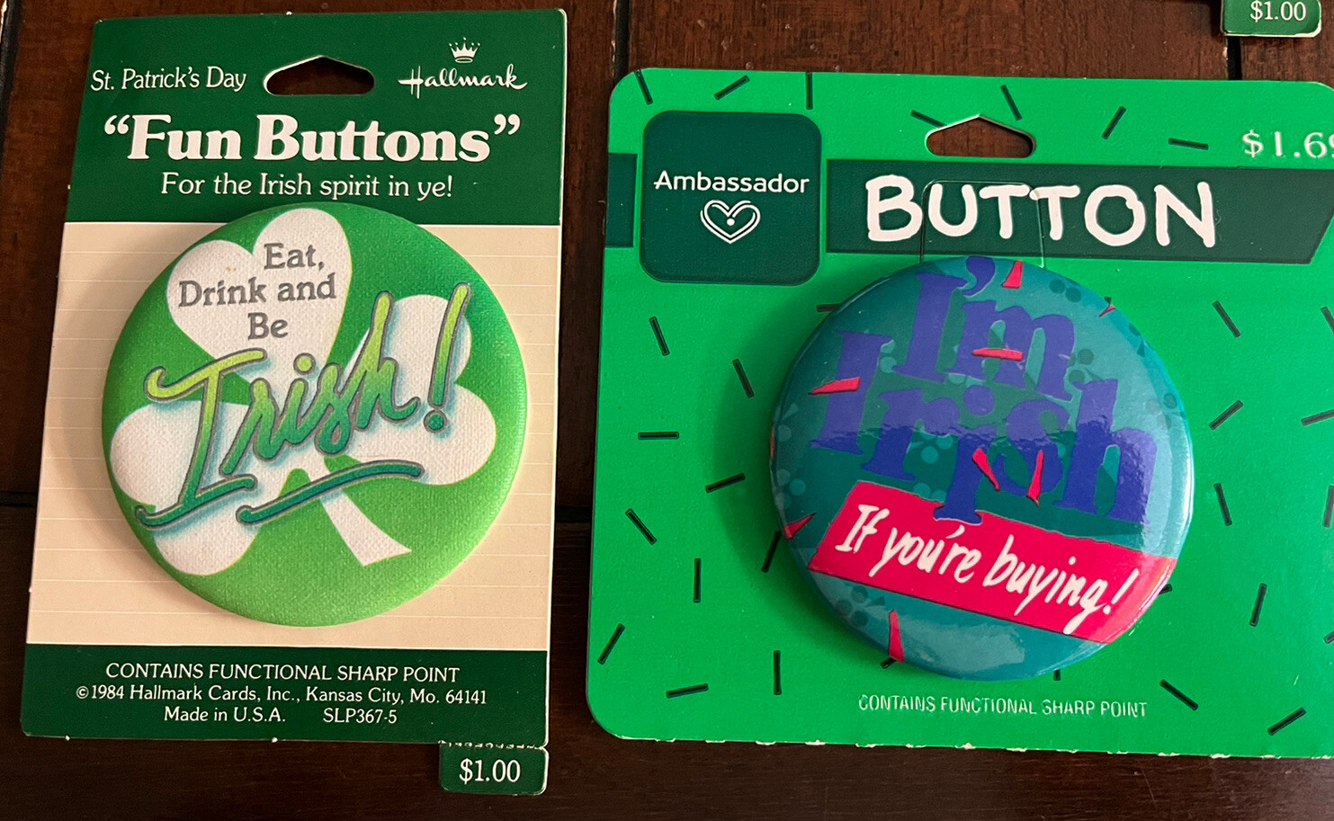 St. Patrick’s Day Fun 2 1/4 Inch Buttons/Pinbacks NOS Hallmark