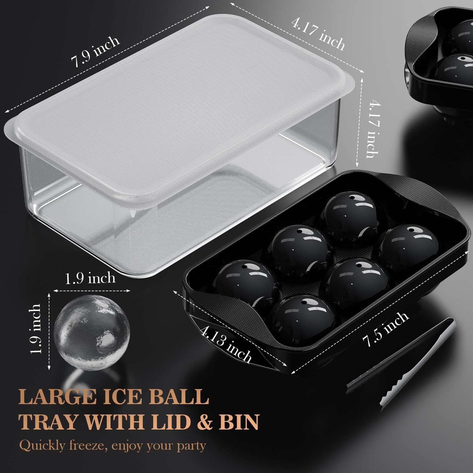 2 Pack Black Whiskey Ice Cube Molds Round Sphere 2.2 Inch