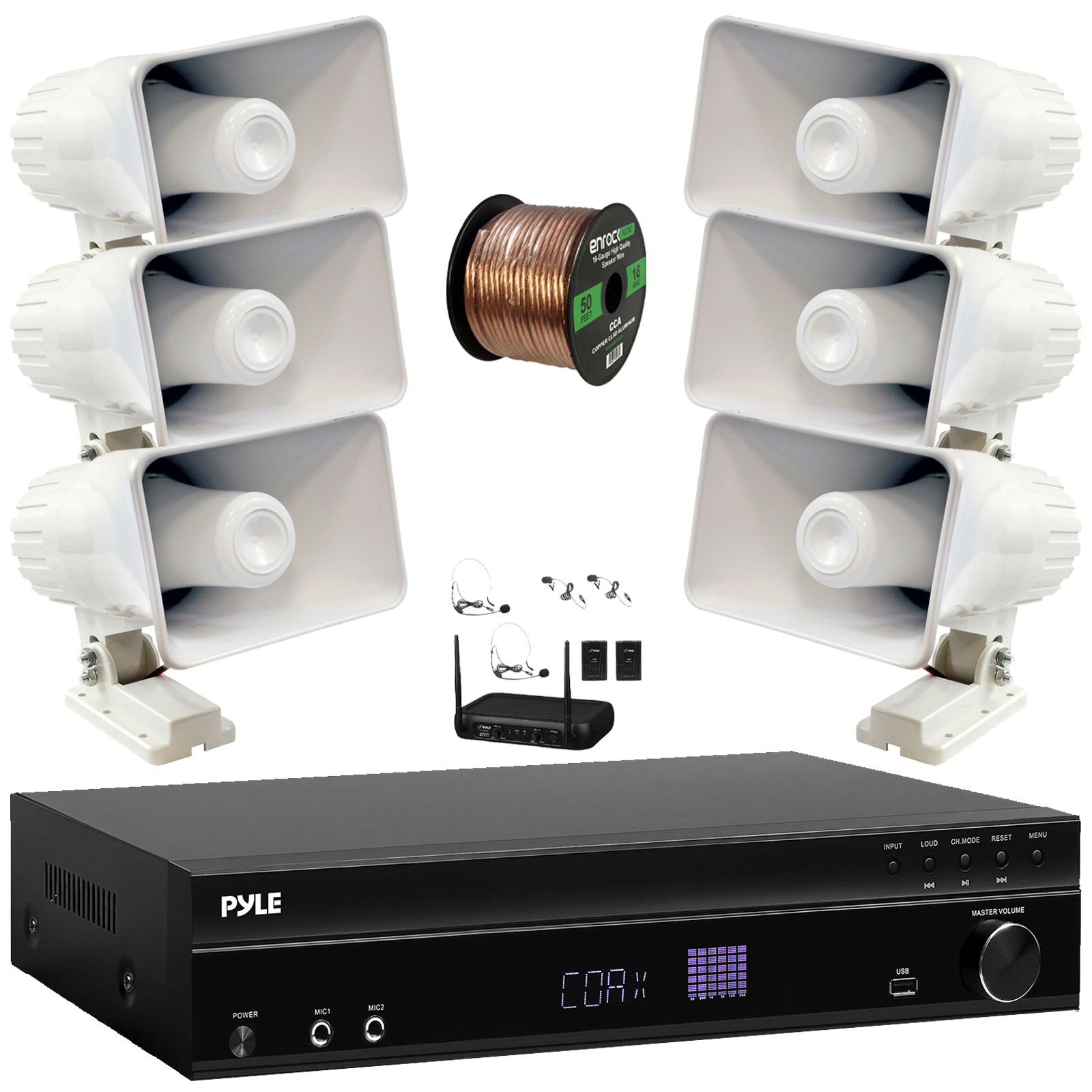 Pyle 1000W Receiver, 6x 8'' 65W Indoor/Outdoor PA Horn Speakers W/ Wireless Mic