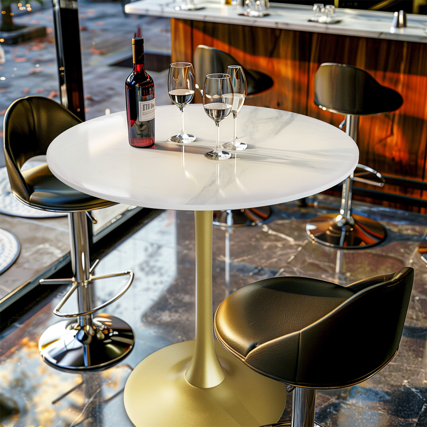 30” Diameter Round Kitchen Dining Table Bar Bistro Table Stone Top Metal Base