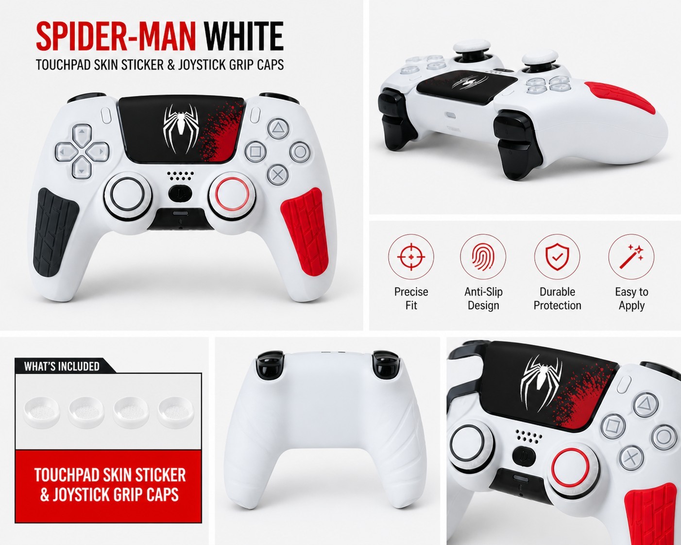 Spider/Inspired White Controller Skin Kit - Touchpad Decal And Grip Cap Sets
